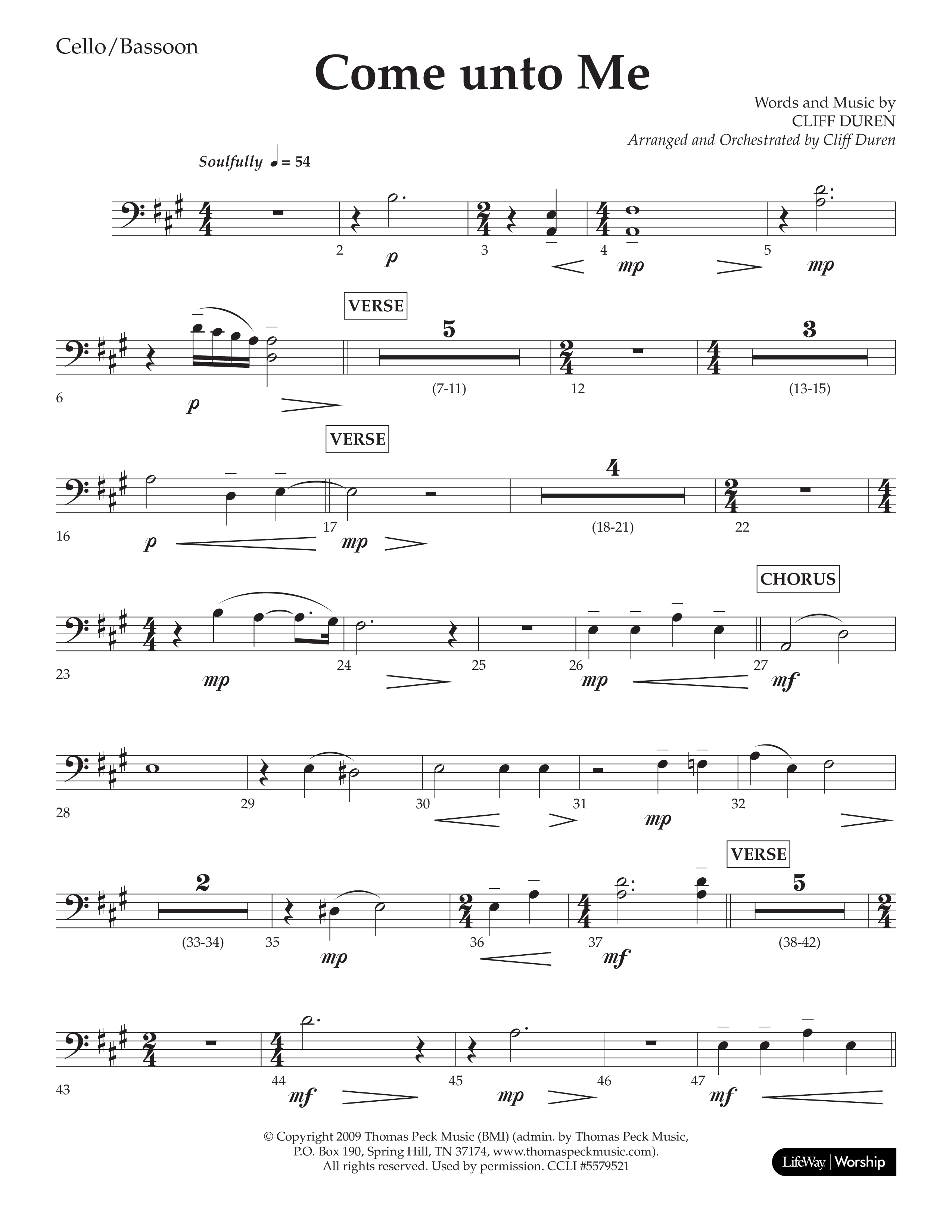 Come Unto Me (Choral Anthem SATB) Cello (Lifeway Choral / Arr. Cliff Duren)