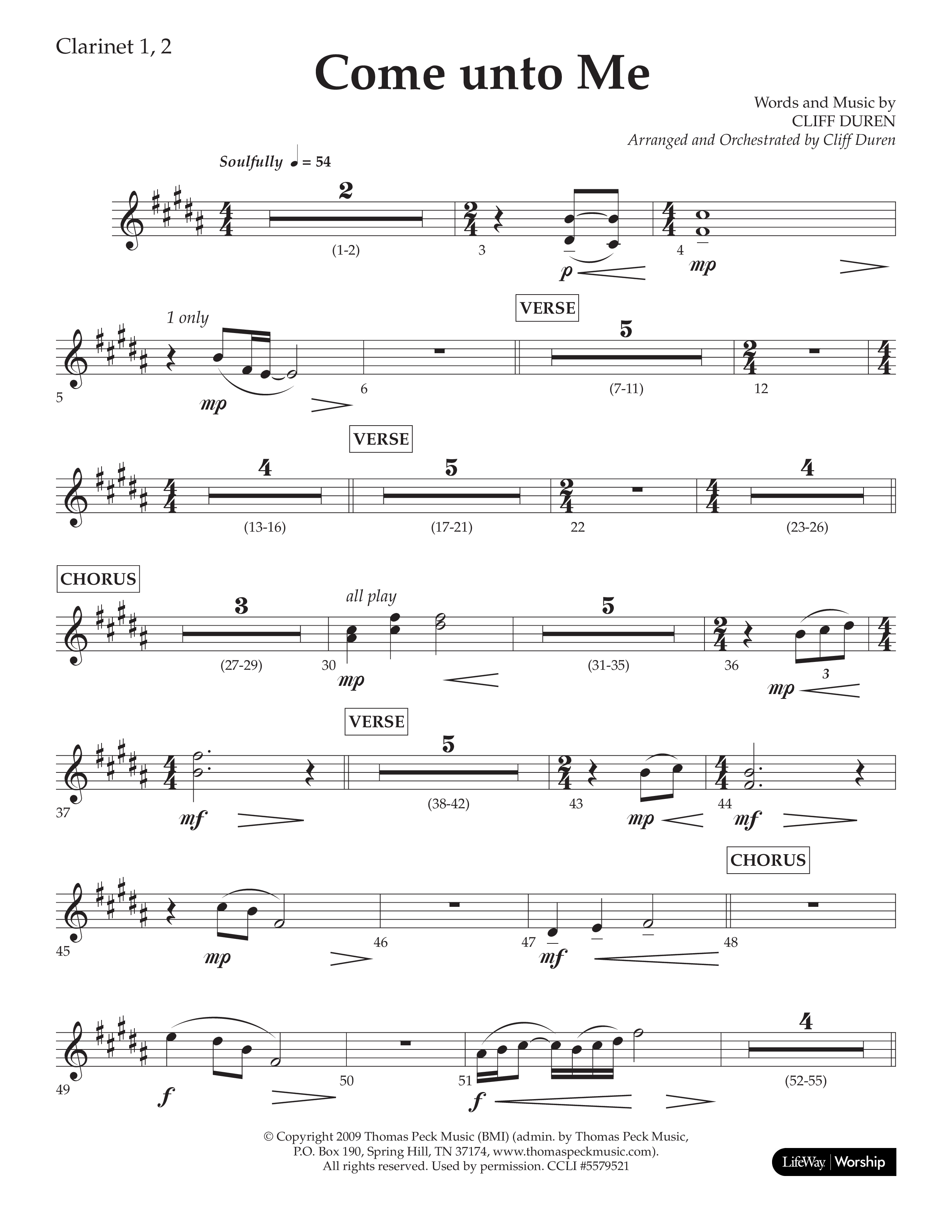 Come Unto Me (Choral Anthem SATB) Clarinet 1/2 (Lifeway Choral / Arr. Cliff Duren)