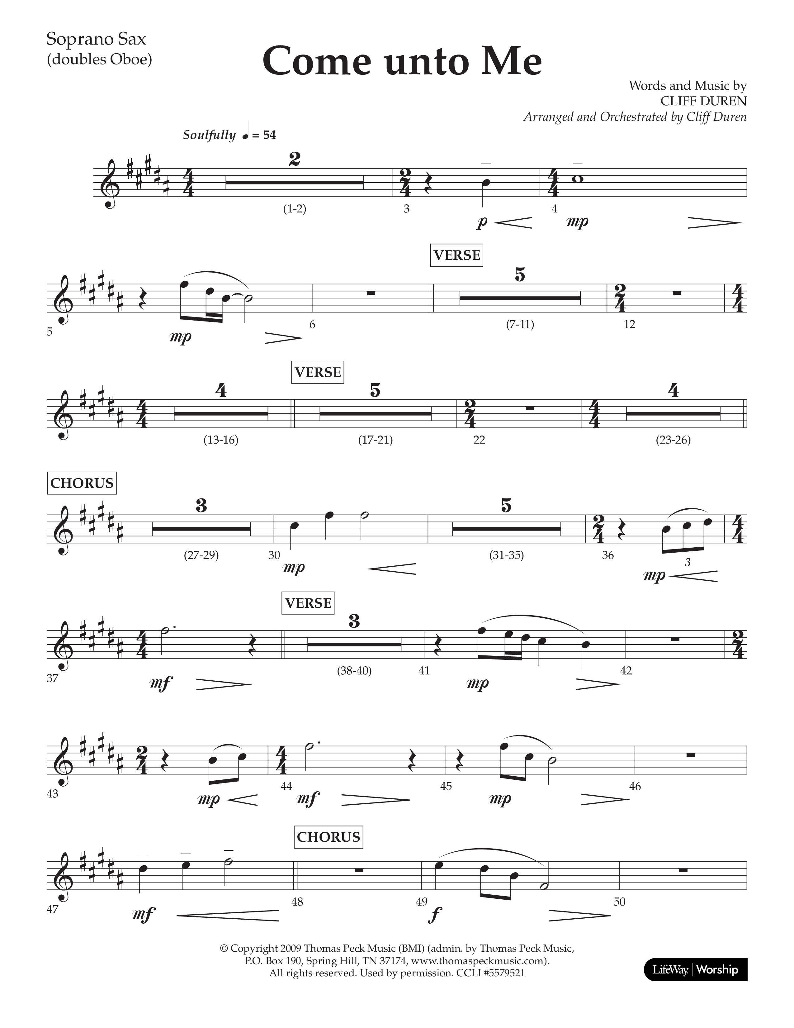 Come Unto Me (Choral Anthem SATB) Soprano Sax (Lifeway Choral / Arr. Cliff Duren)