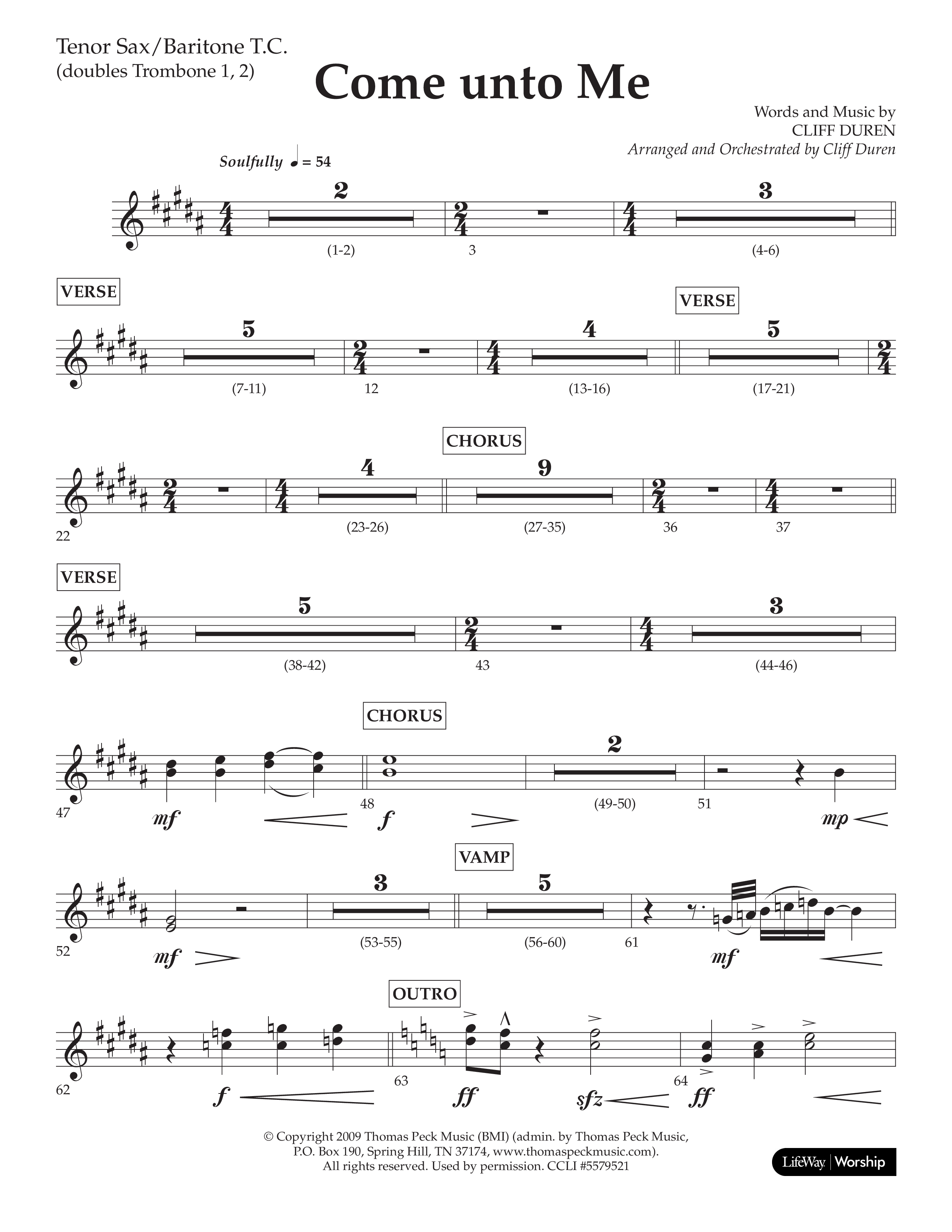 Come Unto Me (Choral Anthem SATB) Tenor Sax/Baritone T.C. (Lifeway Choral / Arr. Cliff Duren)