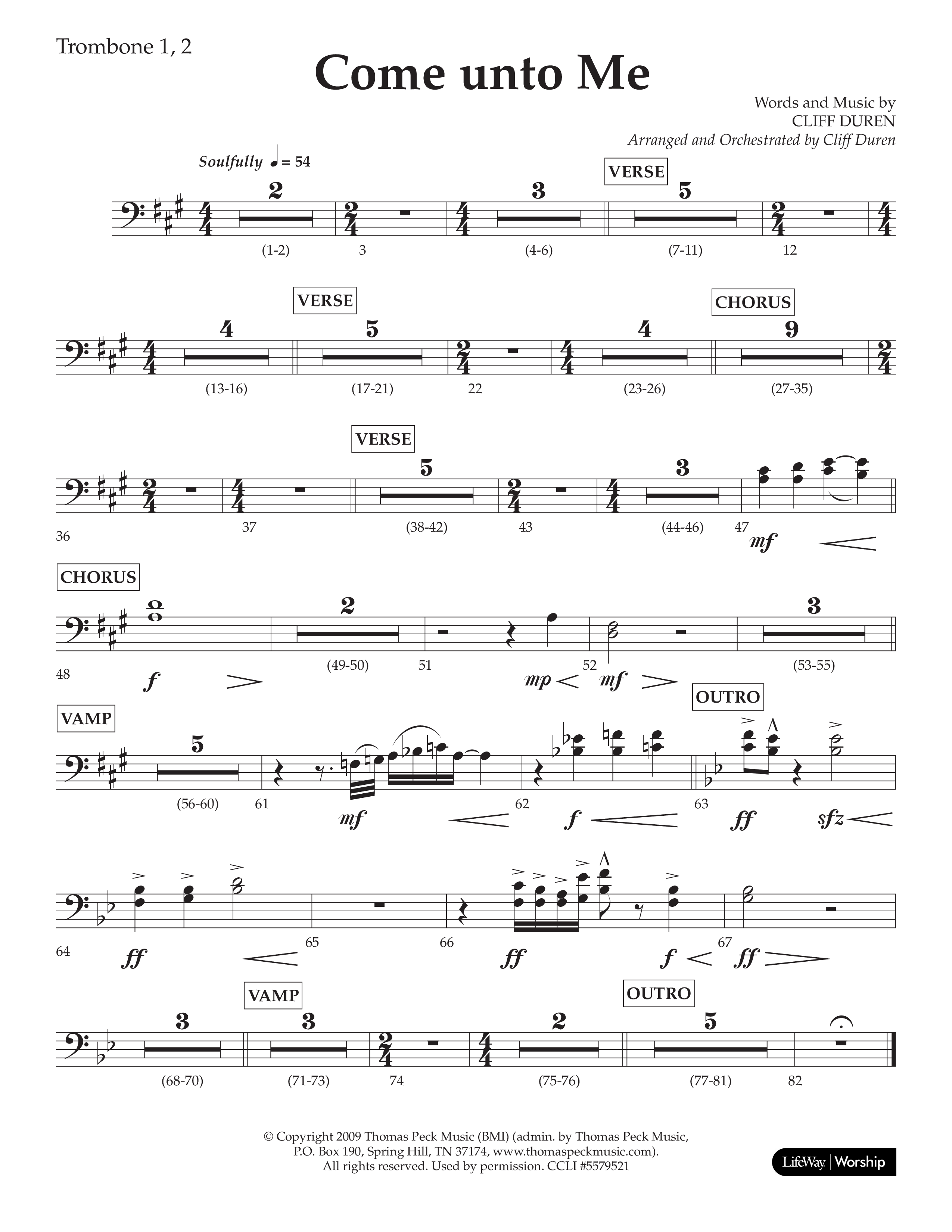Come Unto Me (Choral Anthem SATB) Trombone 1/2 (Lifeway Choral / Arr. Cliff Duren)