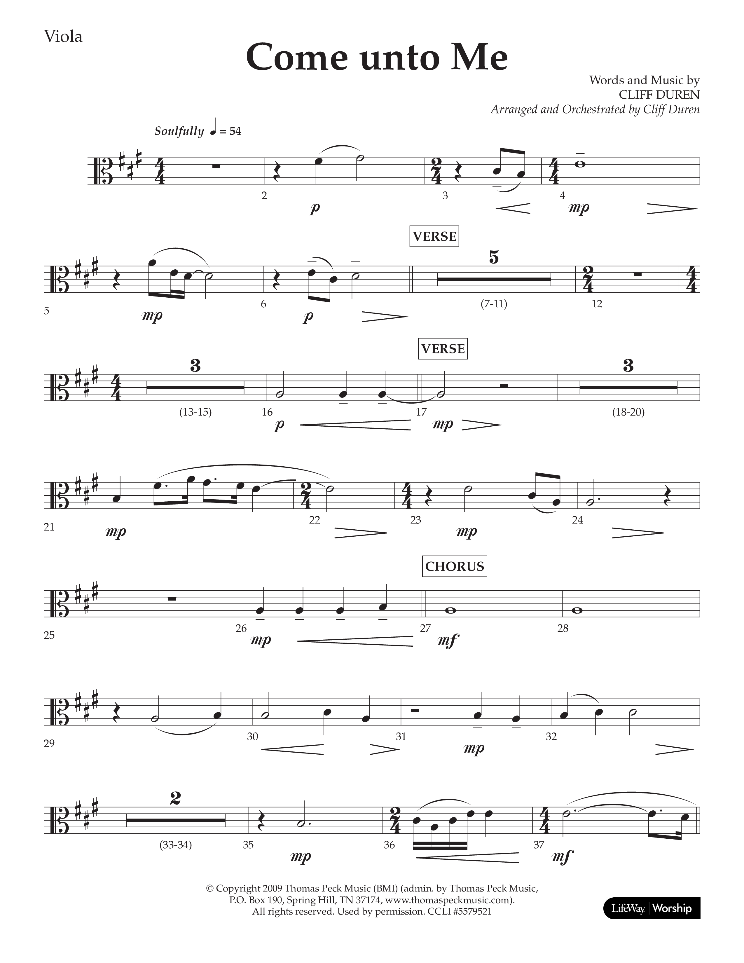 Come Unto Me (Choral Anthem SATB) Viola (Lifeway Choral / Arr. Cliff Duren)