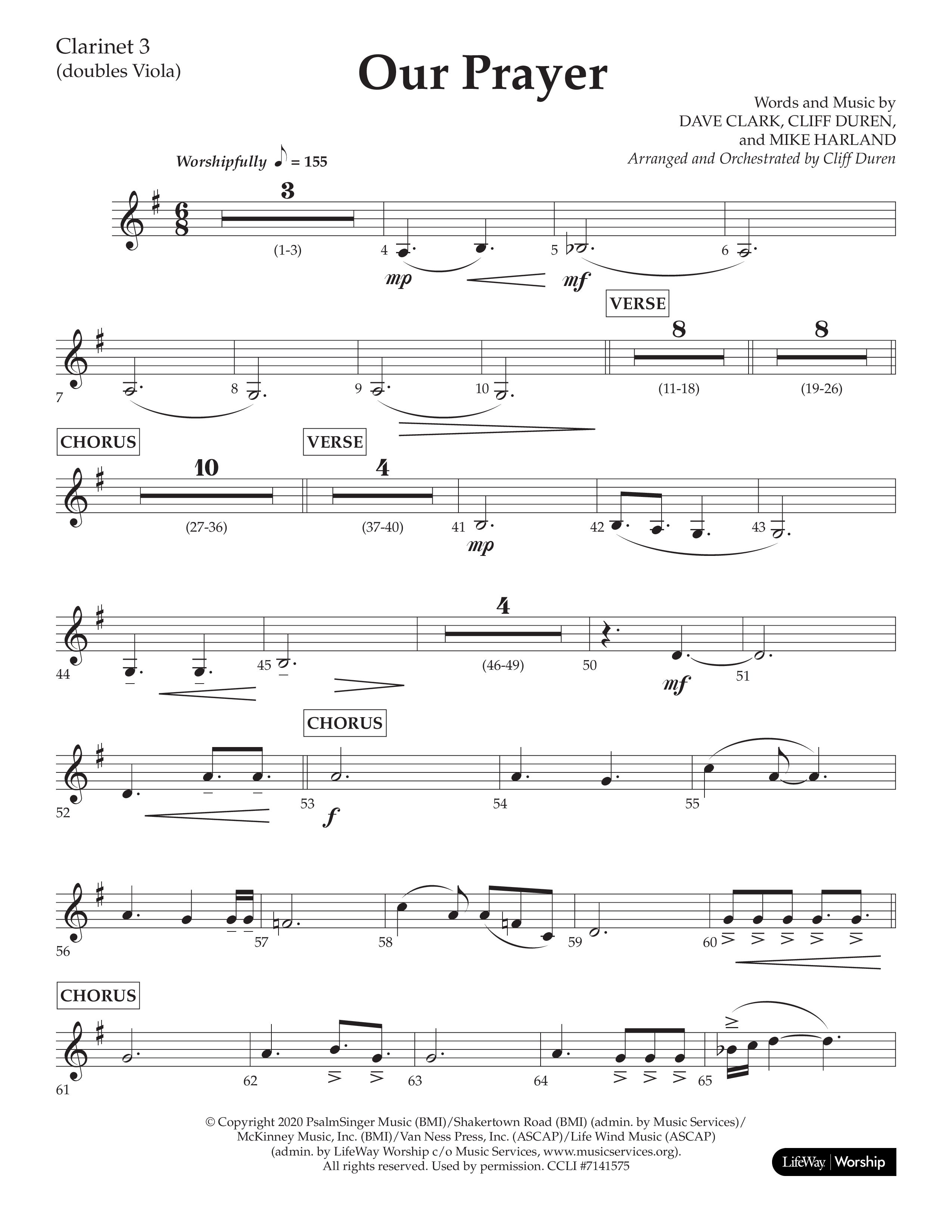 Our Prayer (Choral Anthem SATB) Clarinet 3 (Lifeway Choral / Arr. Cliff Duren)