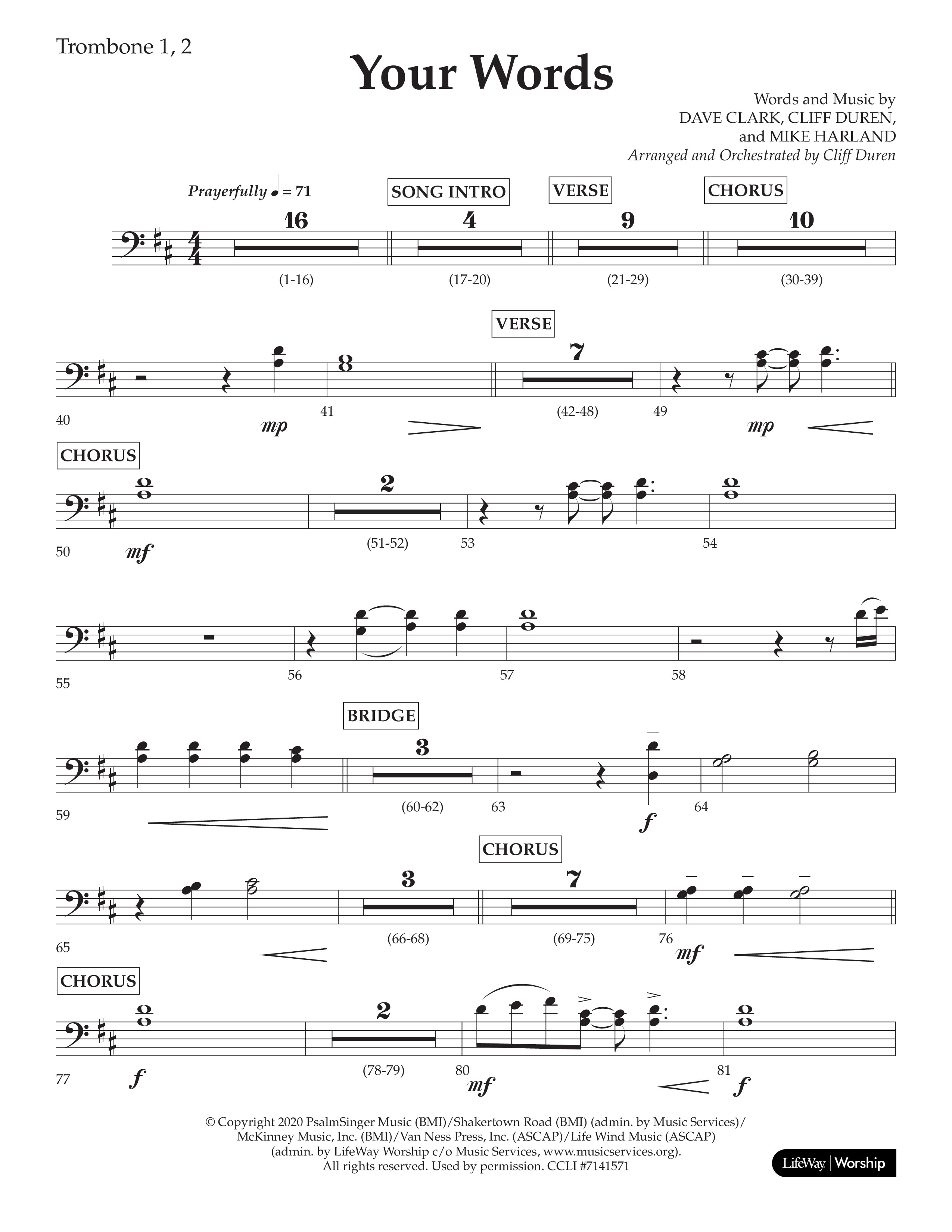 Your Words (Choral Anthem SATB) Trombone 1/2 (Lifeway Choral / Arr. Cliff Duren)