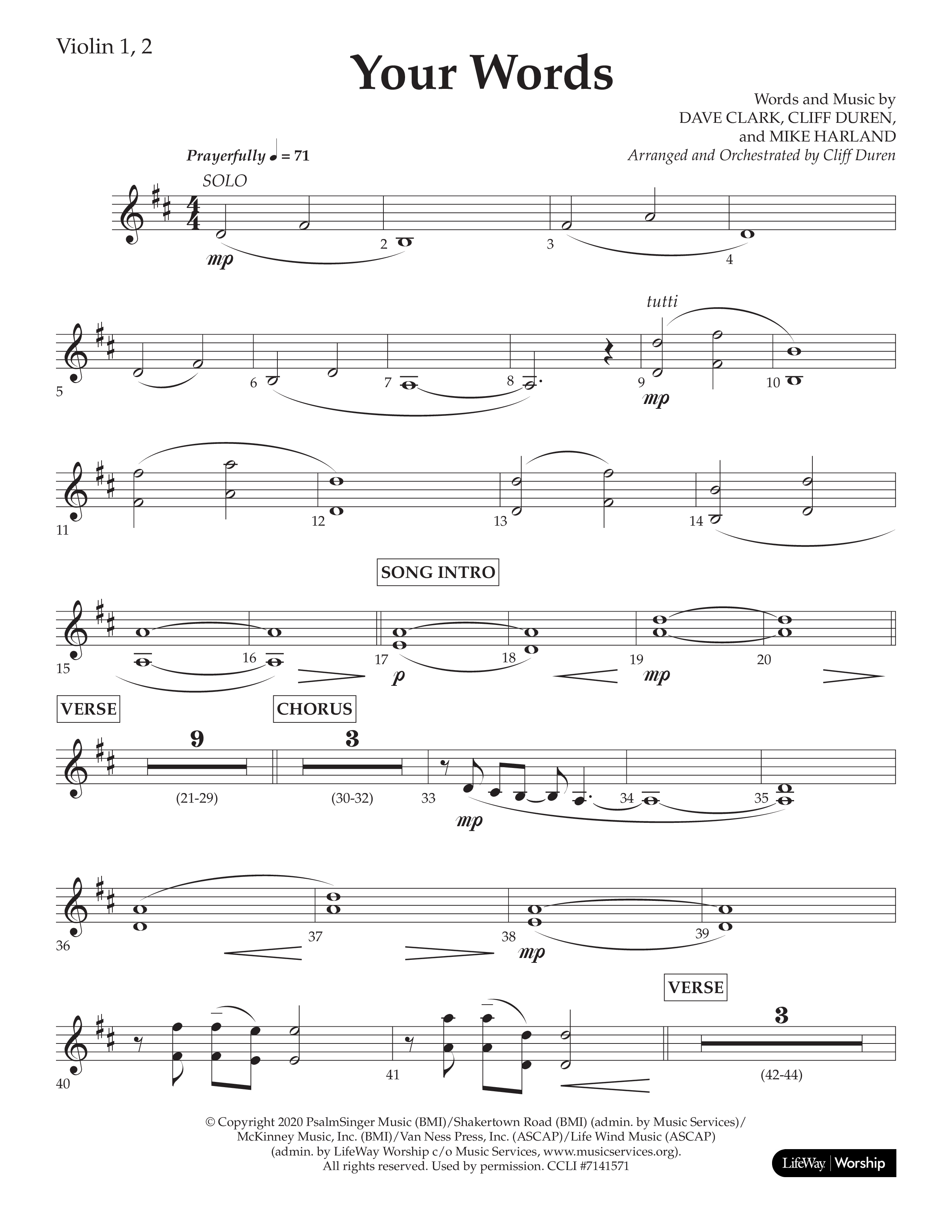 Your Words (Choral Anthem SATB) Violin 1/2 (Lifeway Choral / Arr. Cliff Duren)