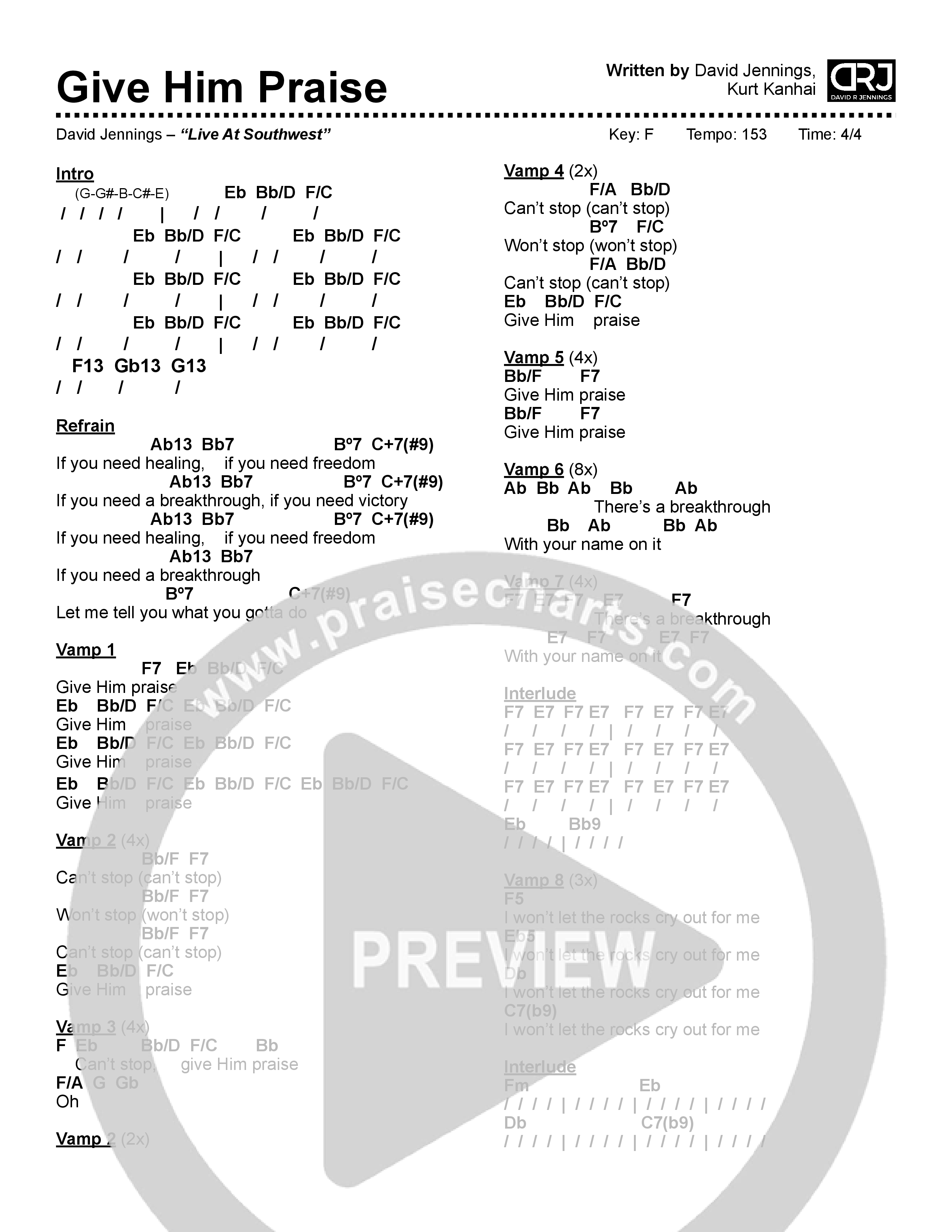 Give Him Praise Chord Chart (David Jennings)