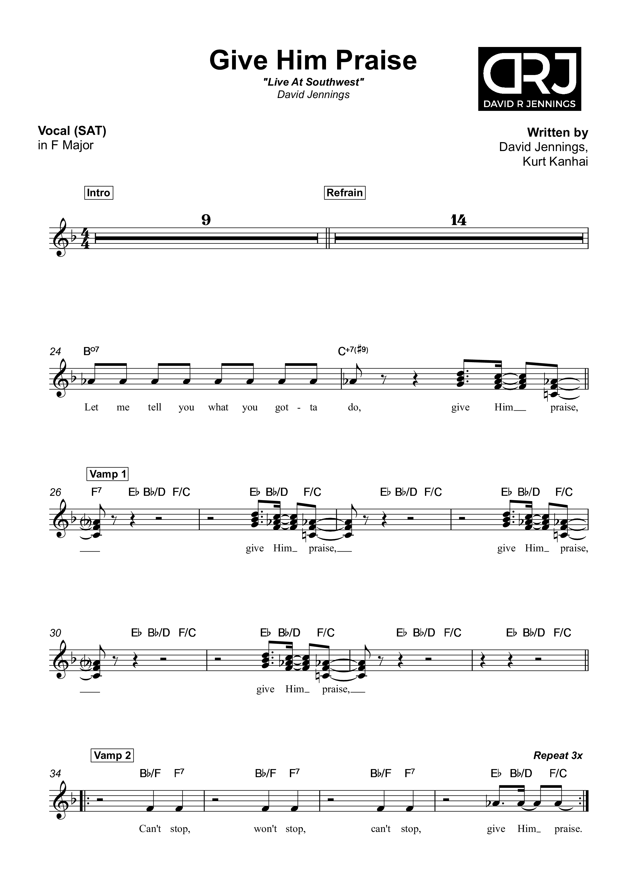Give Him Praise Lead Sheet (SAT) (David Jennings)