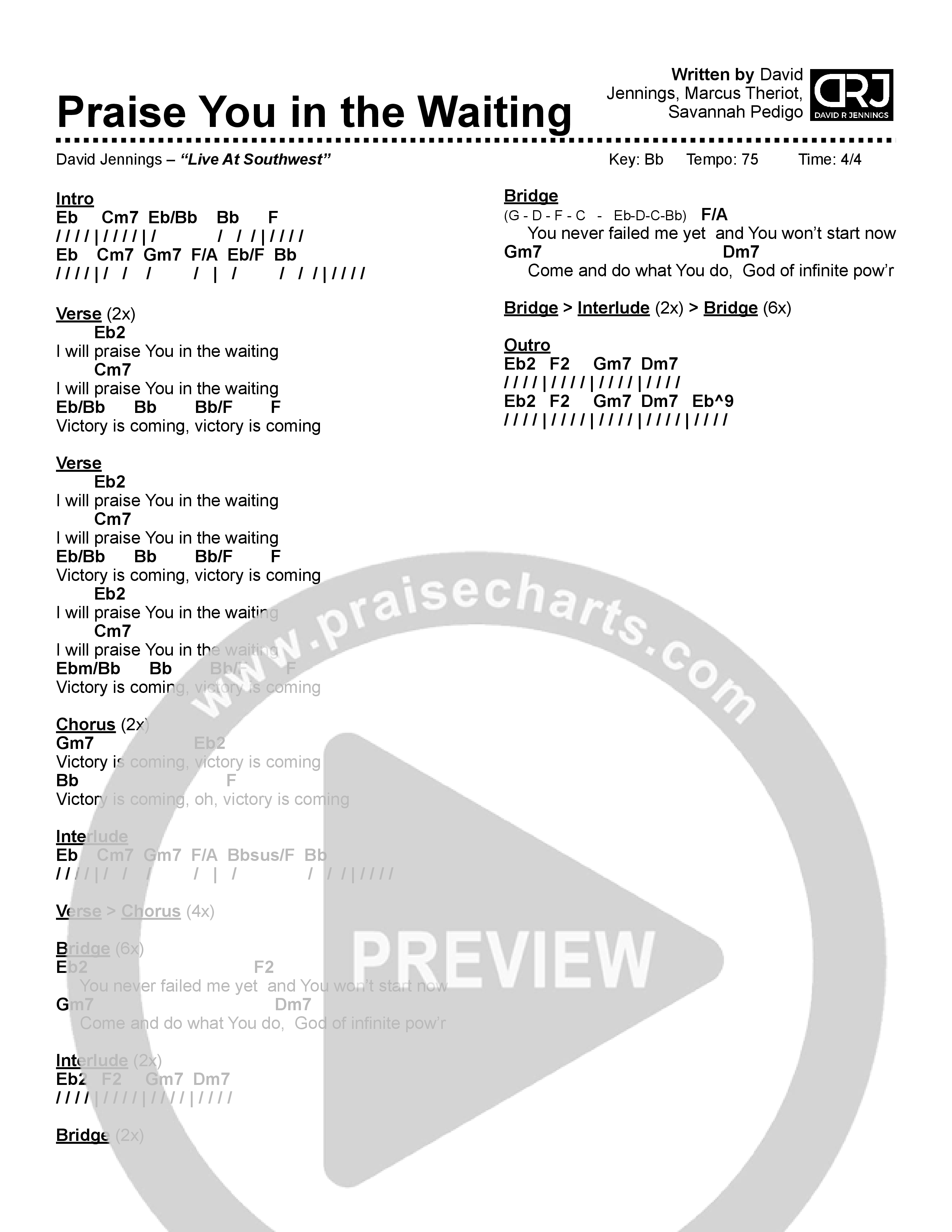 Praise You In The Waiting Chord Chart (David Jennings)