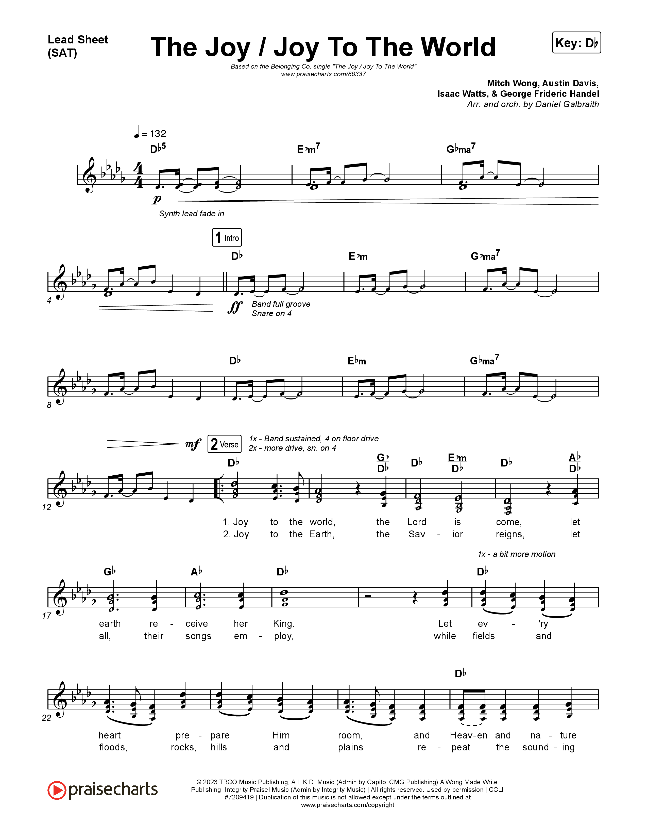 The Joy / Joy To The World Lead Sheet (SAT) (The Belonging Co / David Dennis)