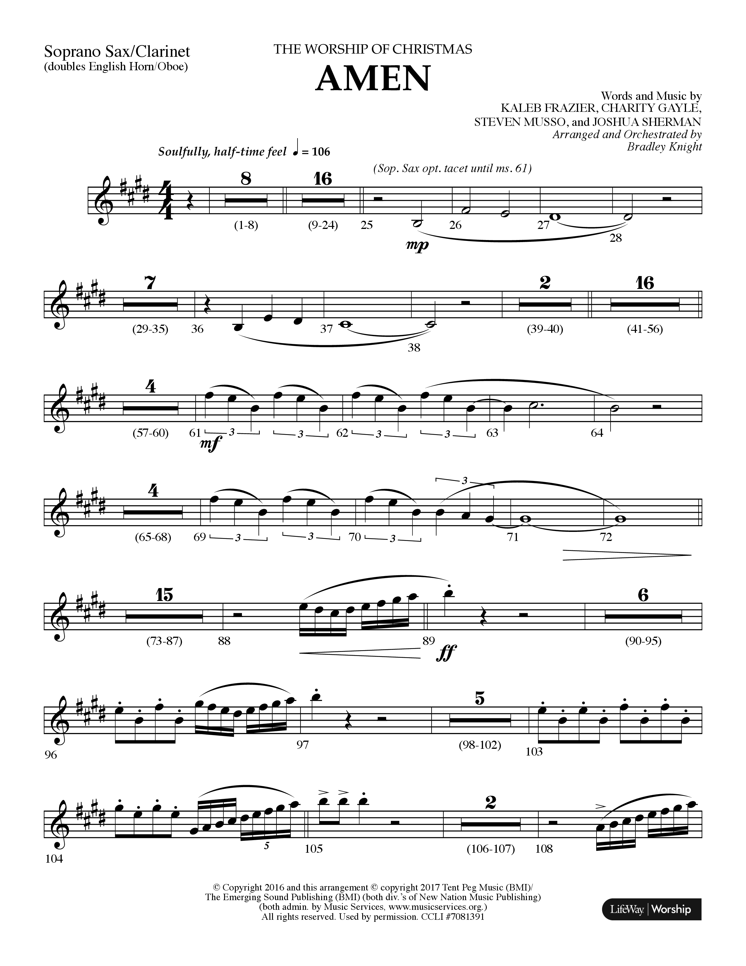 Amen (Choral Anthem SATB) Clarinet/Soprano Sax (Lifeway Choral / Arr. Bradley Knight)