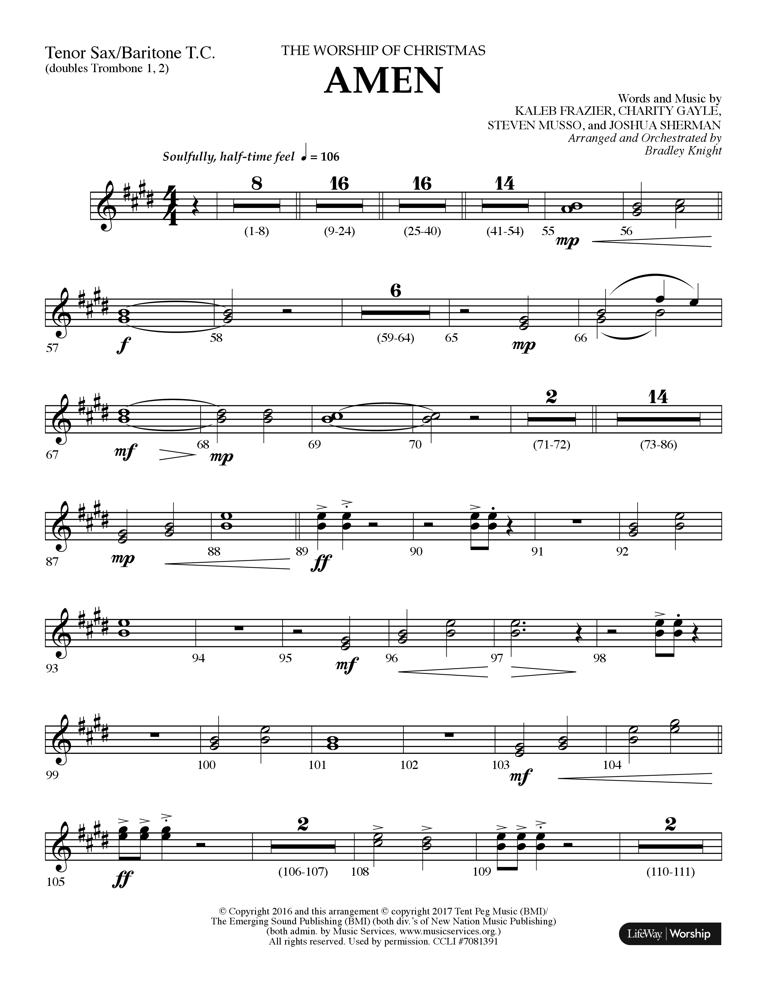Amen (Choral Anthem SATB) Tenor Sax/Baritone T.C. (Lifeway Choral / Arr. Bradley Knight)