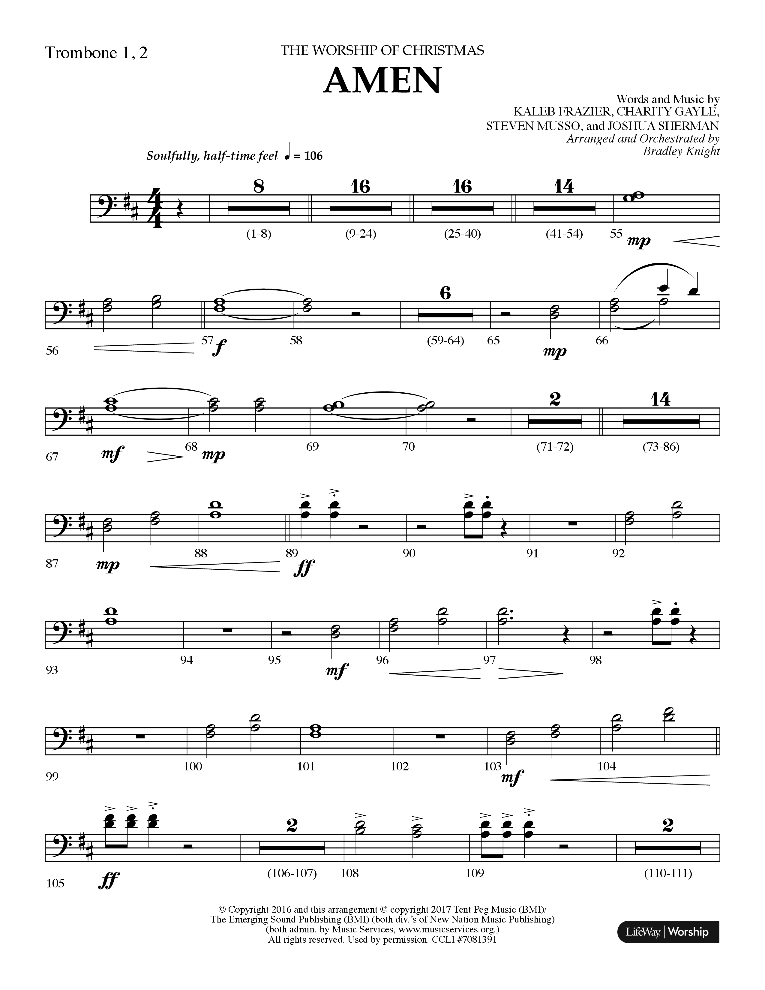 Amen (Choral Anthem SATB) Trombone 1/2 (Lifeway Choral / Arr. Bradley Knight)