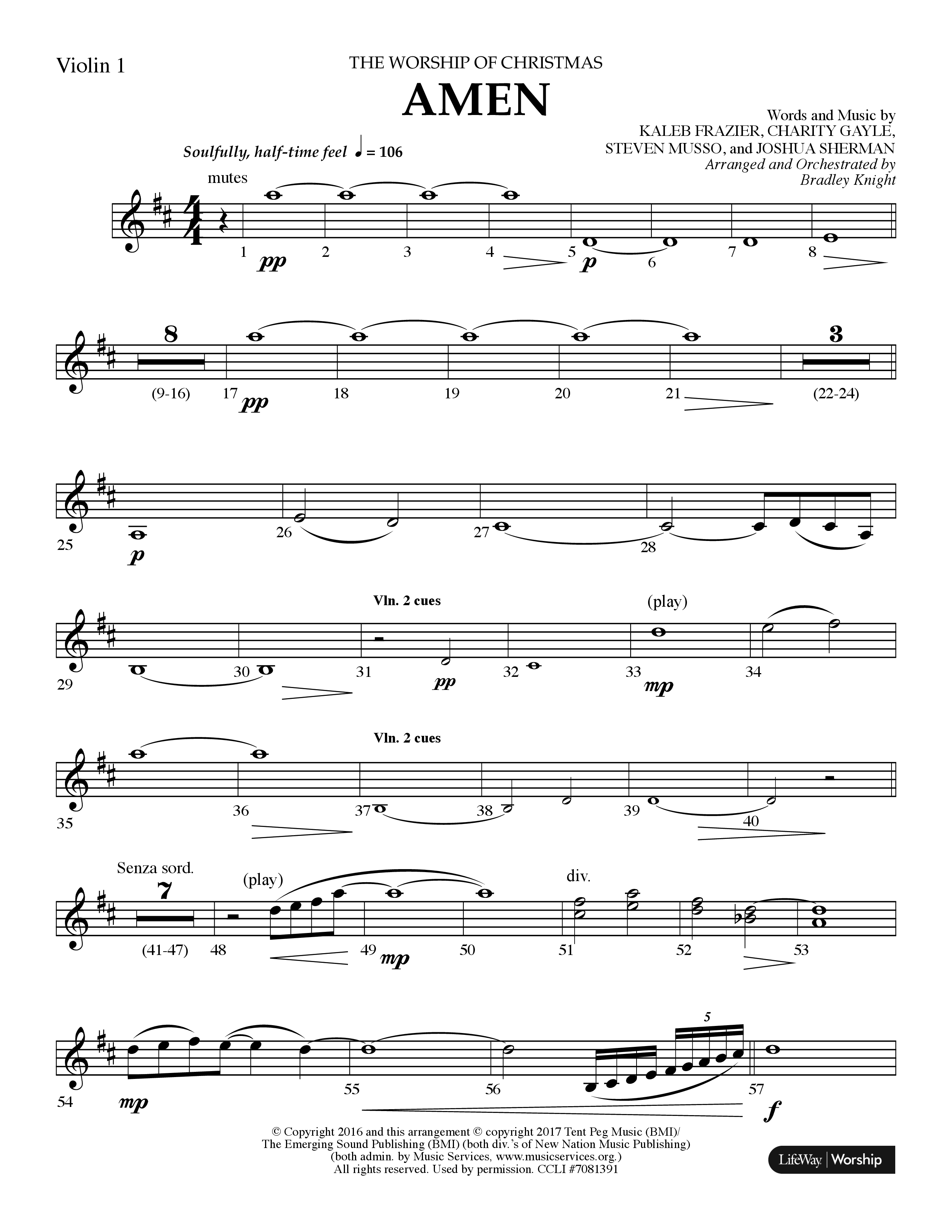 Amen (Choral Anthem SATB) Violin 1 (Lifeway Choral / Arr. Bradley Knight)