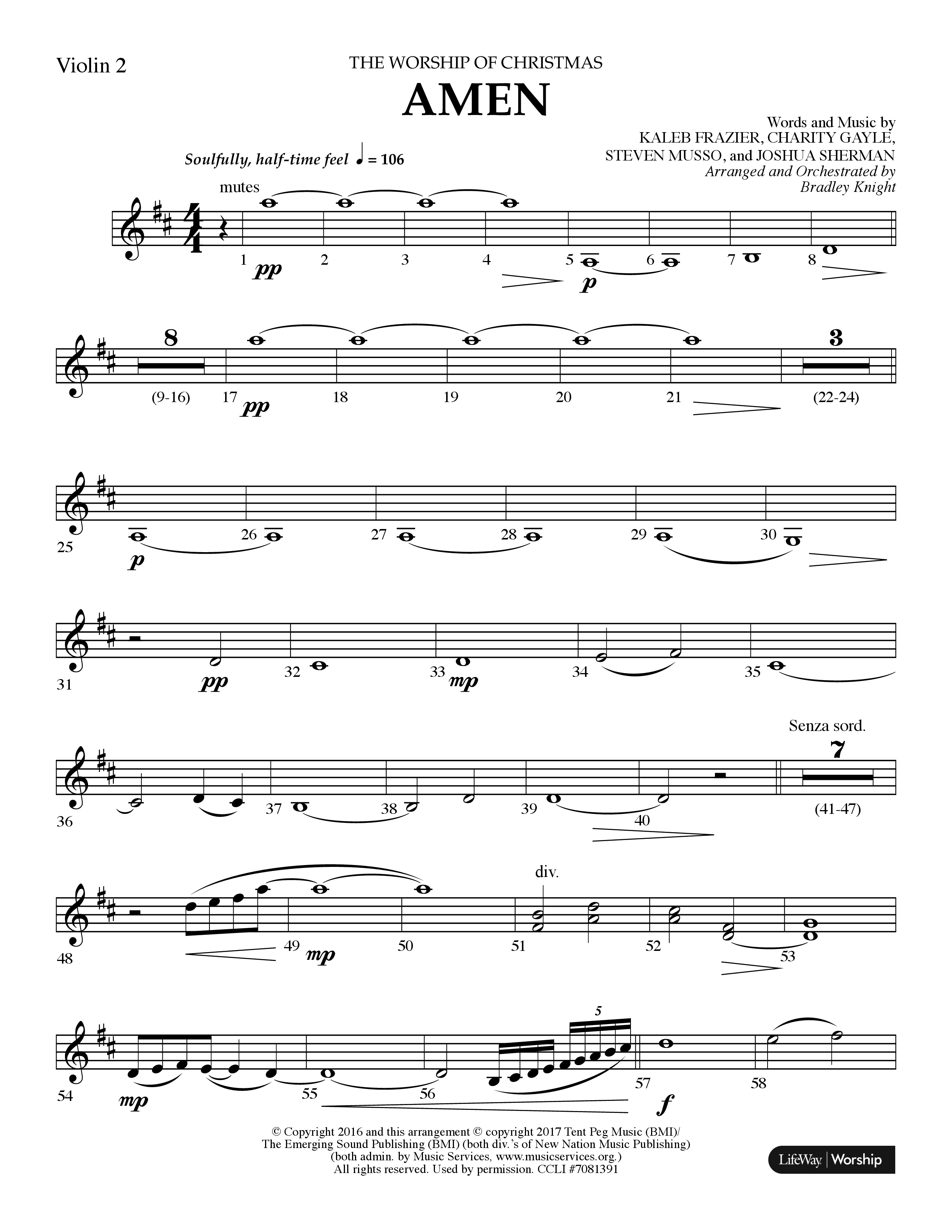 Amen (Choral Anthem SATB) Violin 2 (Lifeway Choral / Arr. Bradley Knight)
