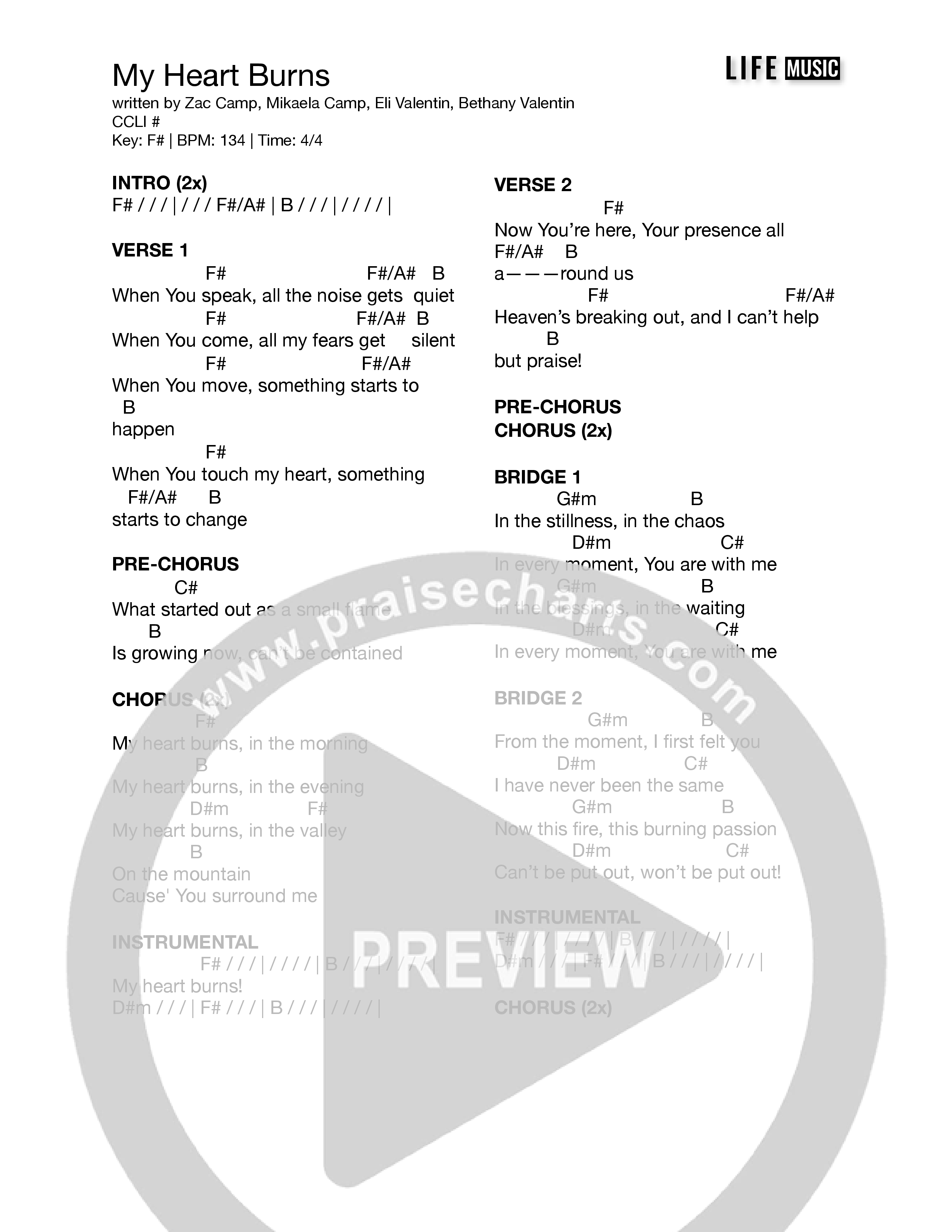 My Heart Burns Chord Chart (Life Music)