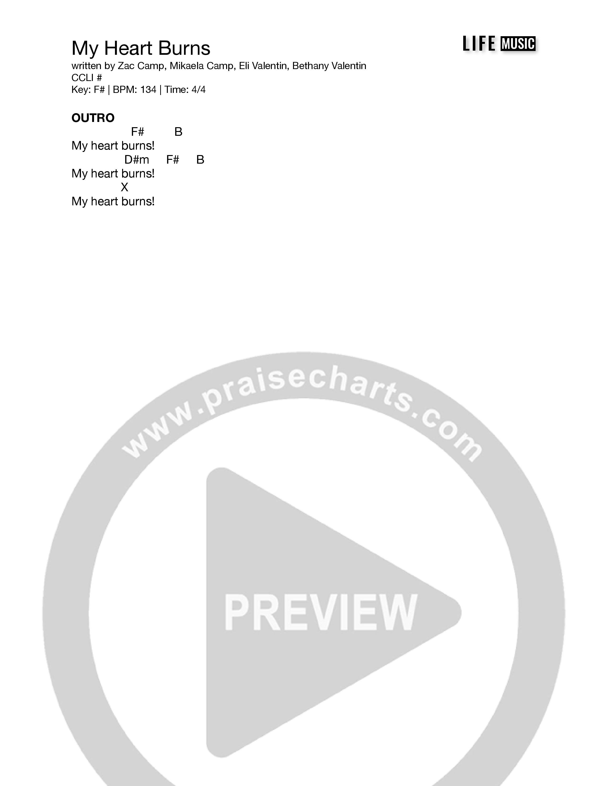 My Heart Burns Chord Chart (Life Music)