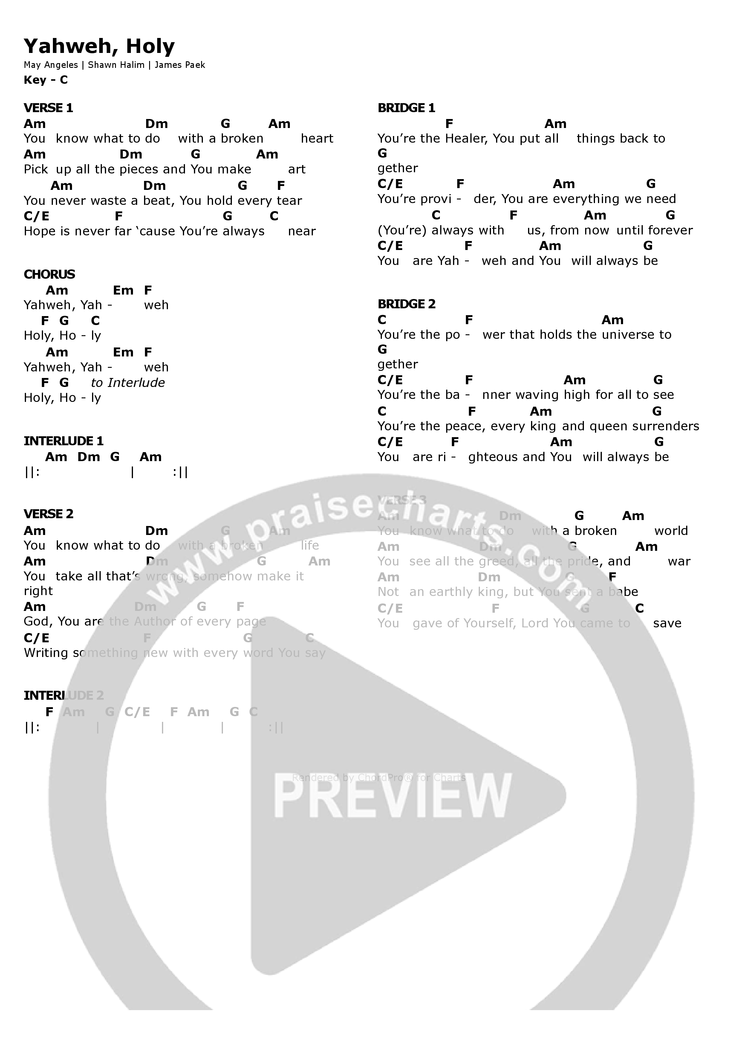 Yahweh Holy (Church Version) Chord Chart (May Angeles / James Paek / Homecoming Music)