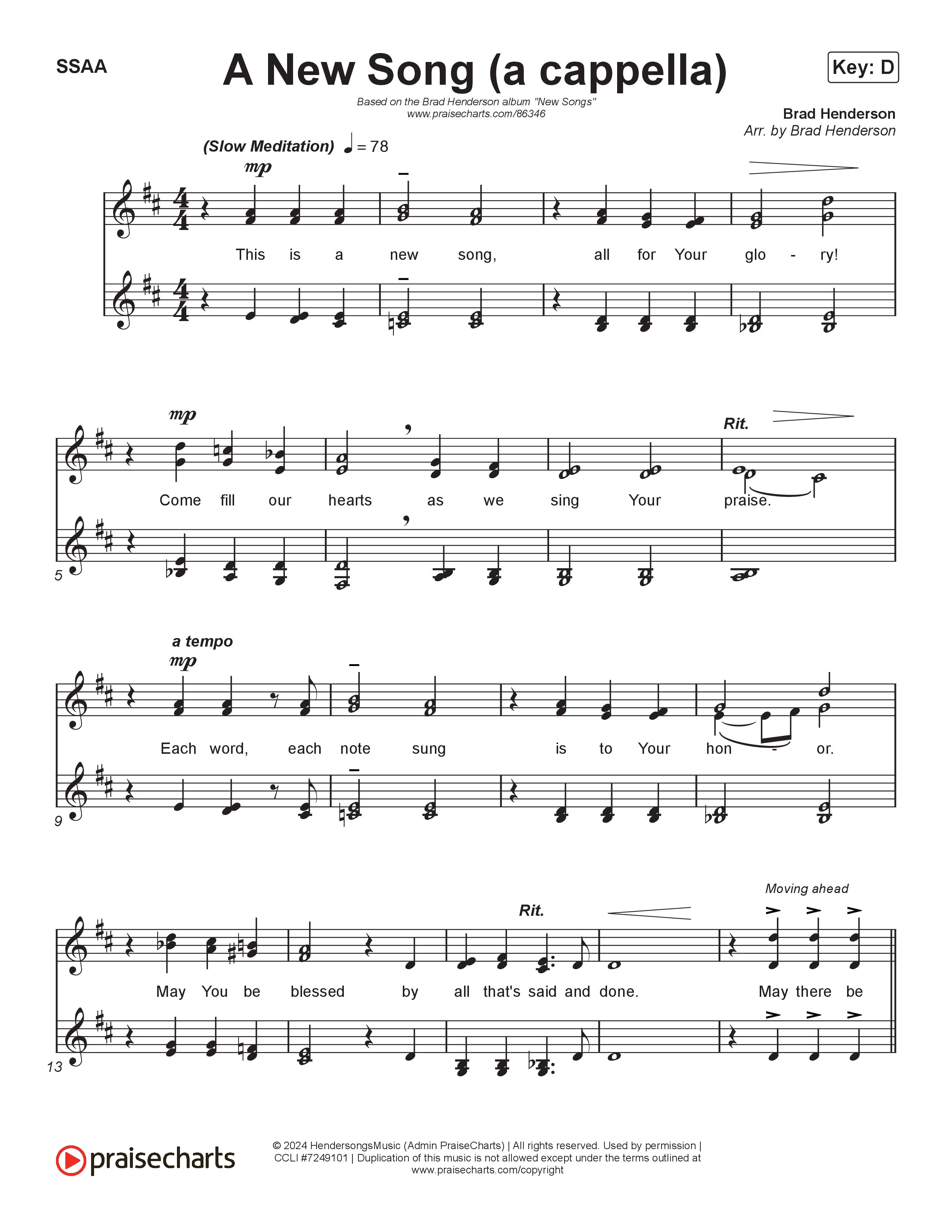A New Song (Choral Anthem) Choir Sheet (SSAA) (Brad Henderson)