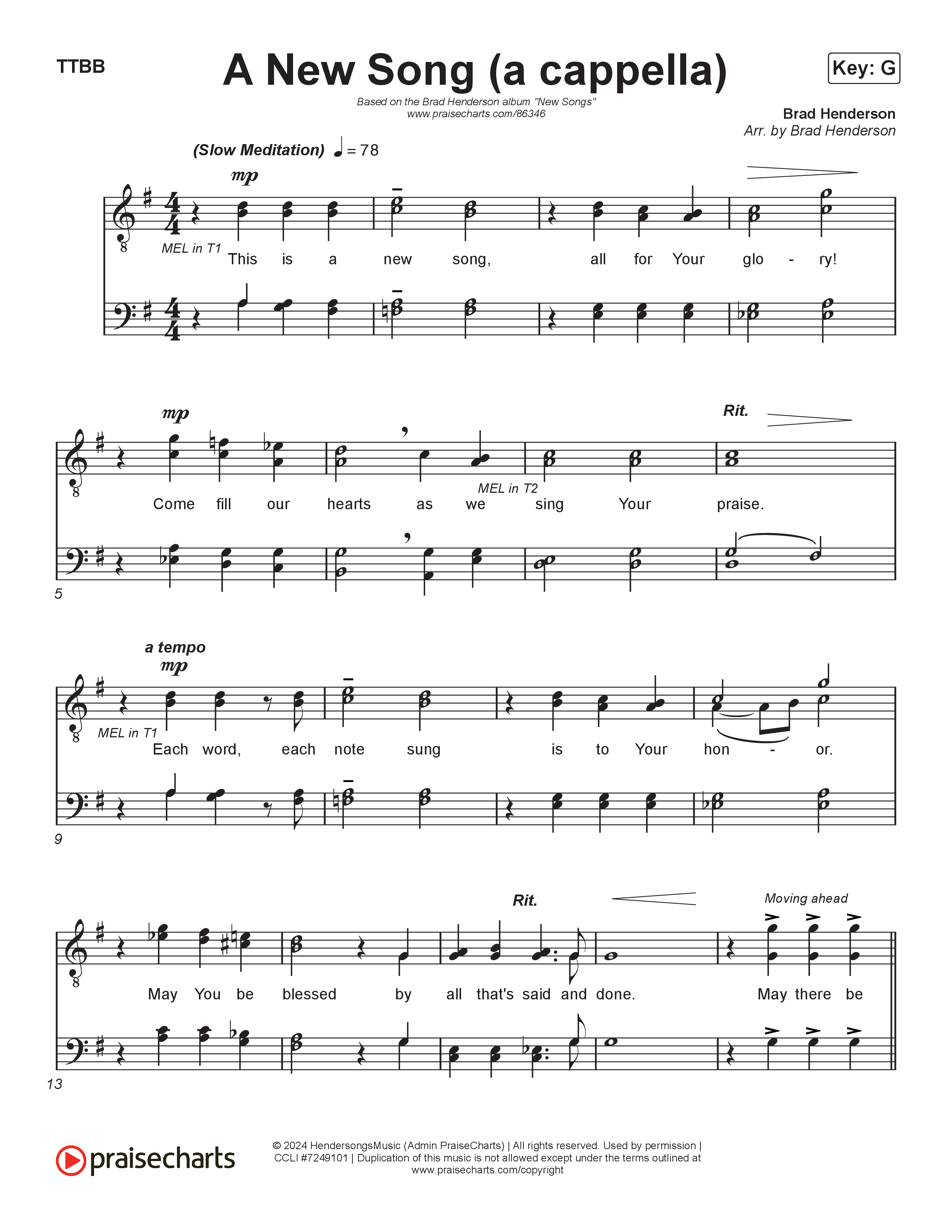 A New Song (Choral Anthem) Choir Sheet (TTBB) (Brad Henderson)