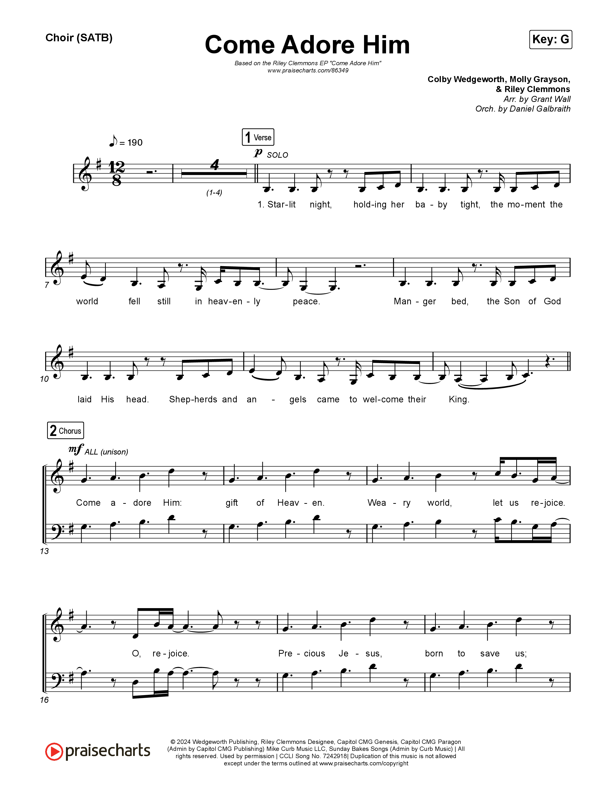 Come Adore Him Vocal Sheet (SATB) (Riley Clemmons)