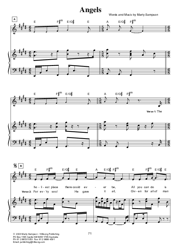 Angels Piano/Vocal (Hillsong Worship)