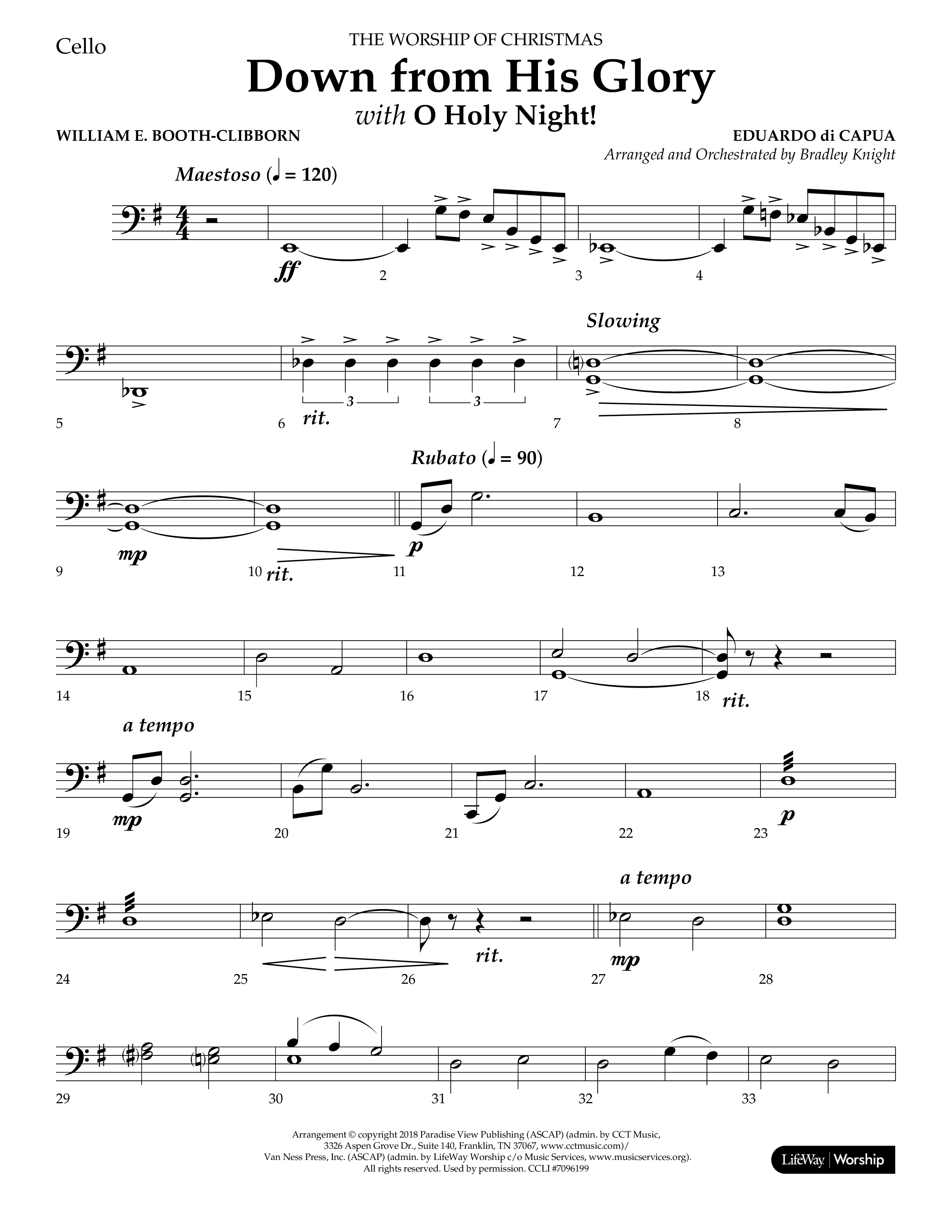 Down From His Glory (with O Holy Night) (Choral Anthem SATB) Cello (Lifeway Choral / Arr. Bradley Knight)