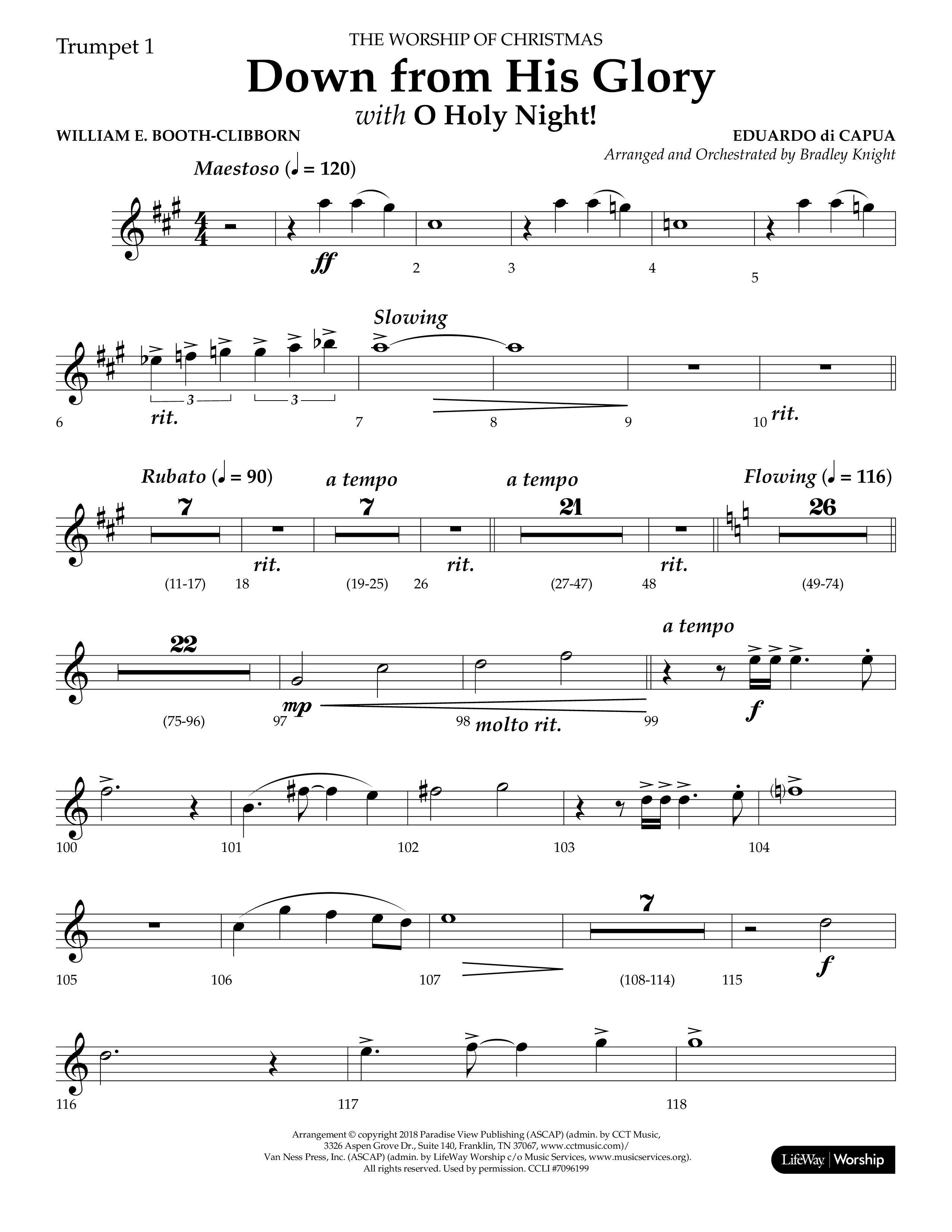 Down From His Glory (with O Holy Night) (Choral Anthem SATB) Trumpet 1 (Lifeway Choral / Arr. Bradley Knight)