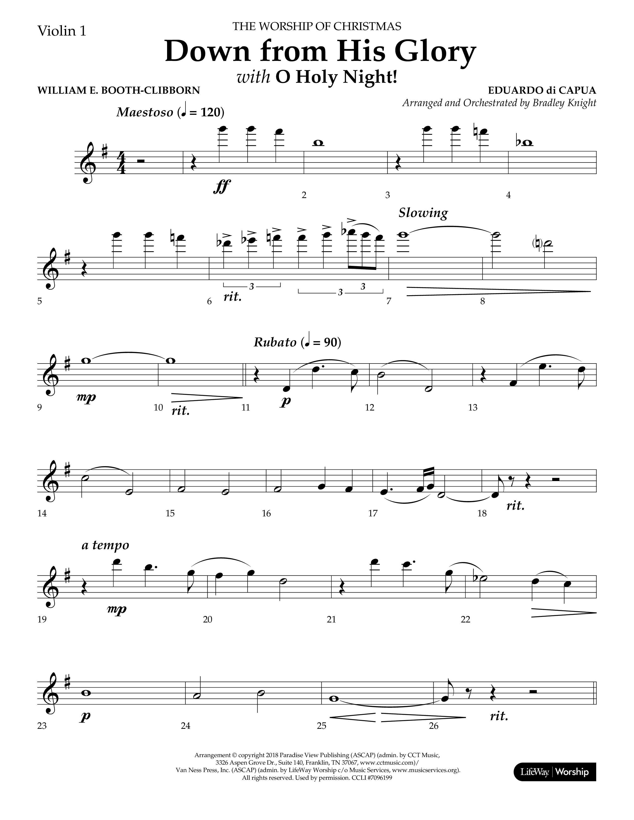 Down From His Glory (with O Holy Night) (Choral Anthem SATB) Violin 1 (Lifeway Choral / Arr. Bradley Knight)