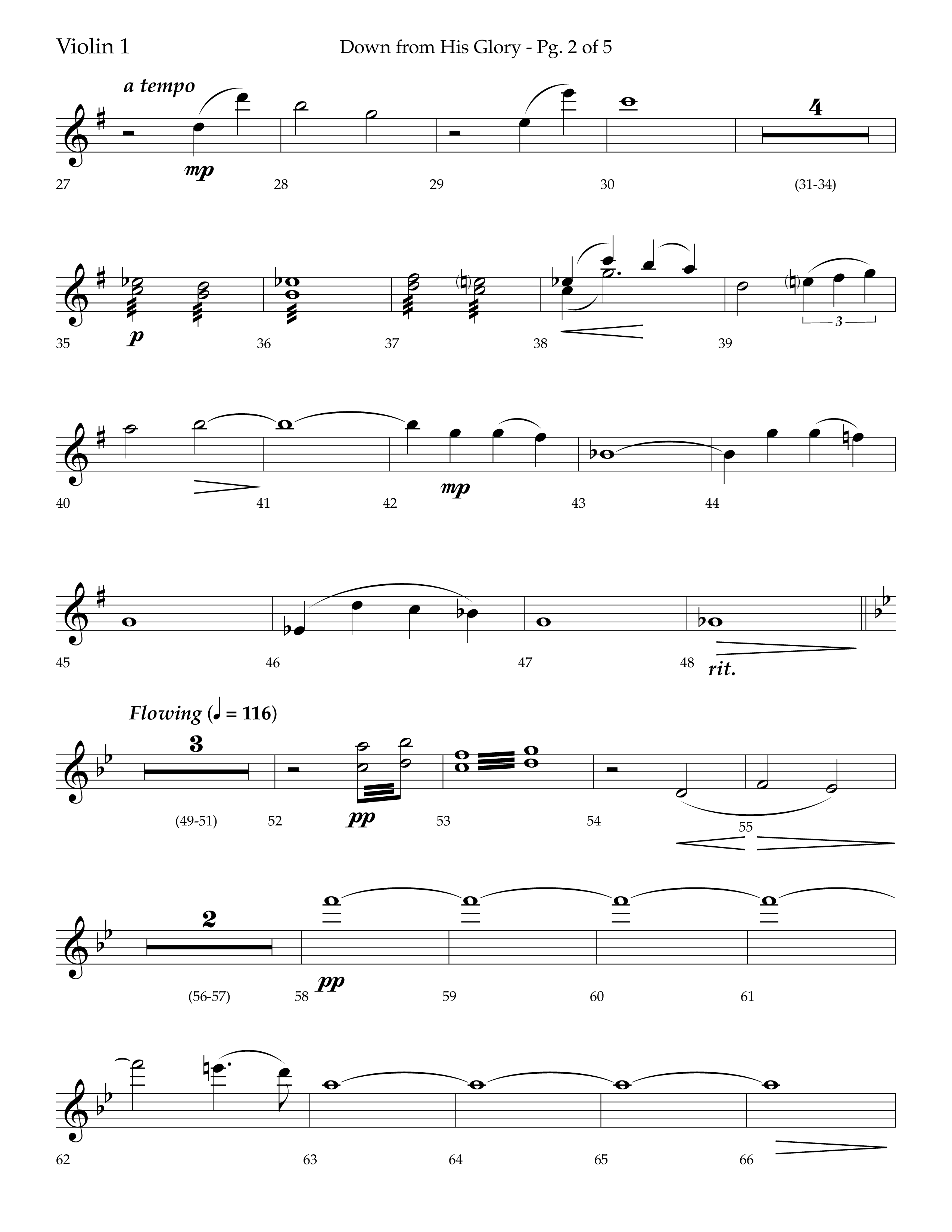 Down From His Glory (with O Holy Night) (Choral Anthem SATB) Violin 1 (Lifeway Choral / Arr. Bradley Knight)