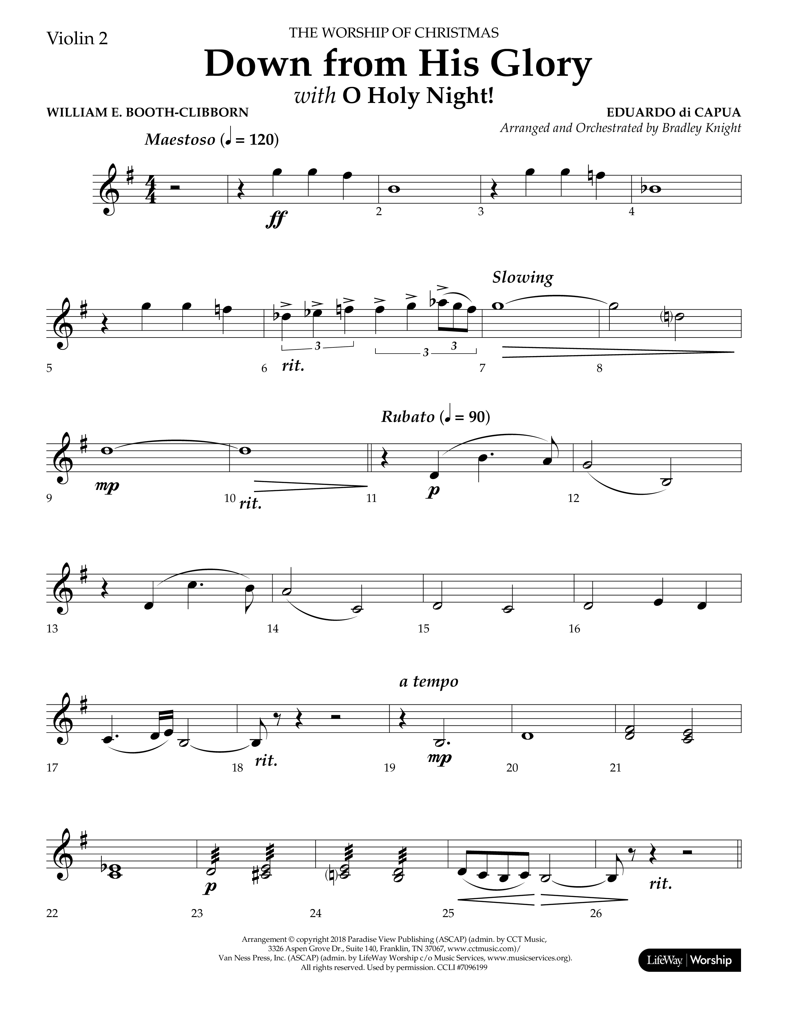 Down From His Glory (with O Holy Night) (Choral Anthem SATB) Violin 2 (Lifeway Choral / Arr. Bradley Knight)