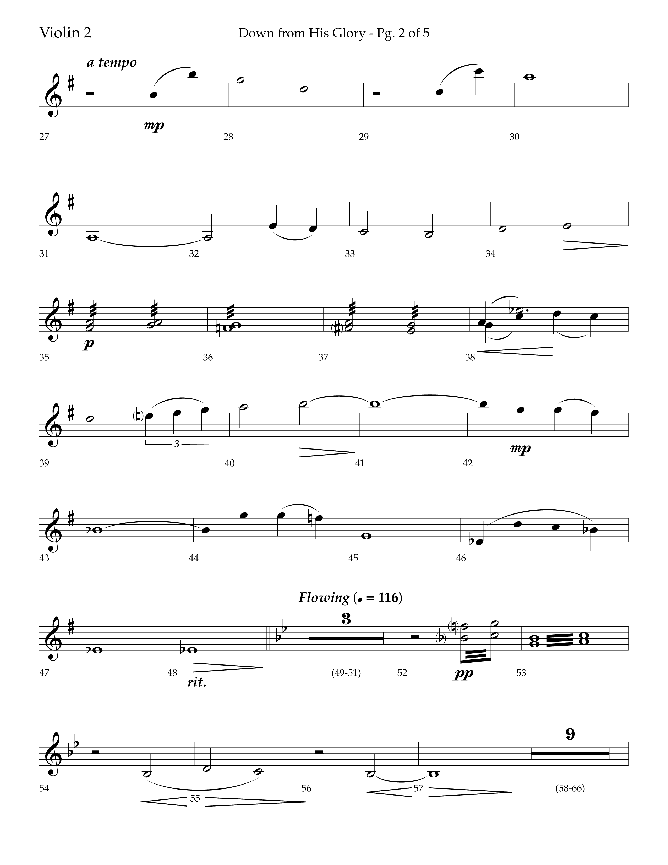 Down From His Glory (with O Holy Night) (Choral Anthem SATB) Violin 2 (Lifeway Choral / Arr. Bradley Knight)