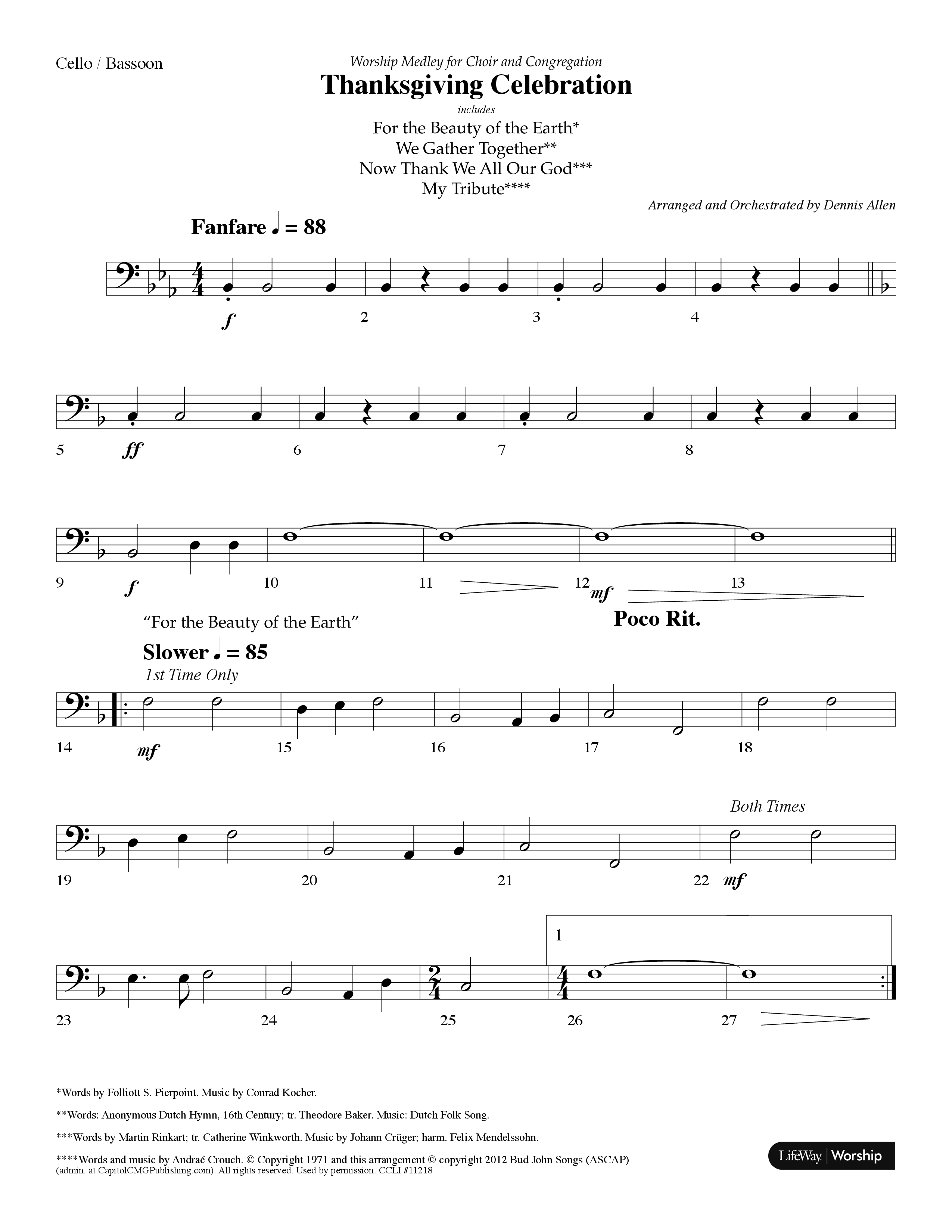 Thanksgiving Celebration (Choral Anthem SATB) Cello (Lifeway Choral / Arr. Dennis Allen)