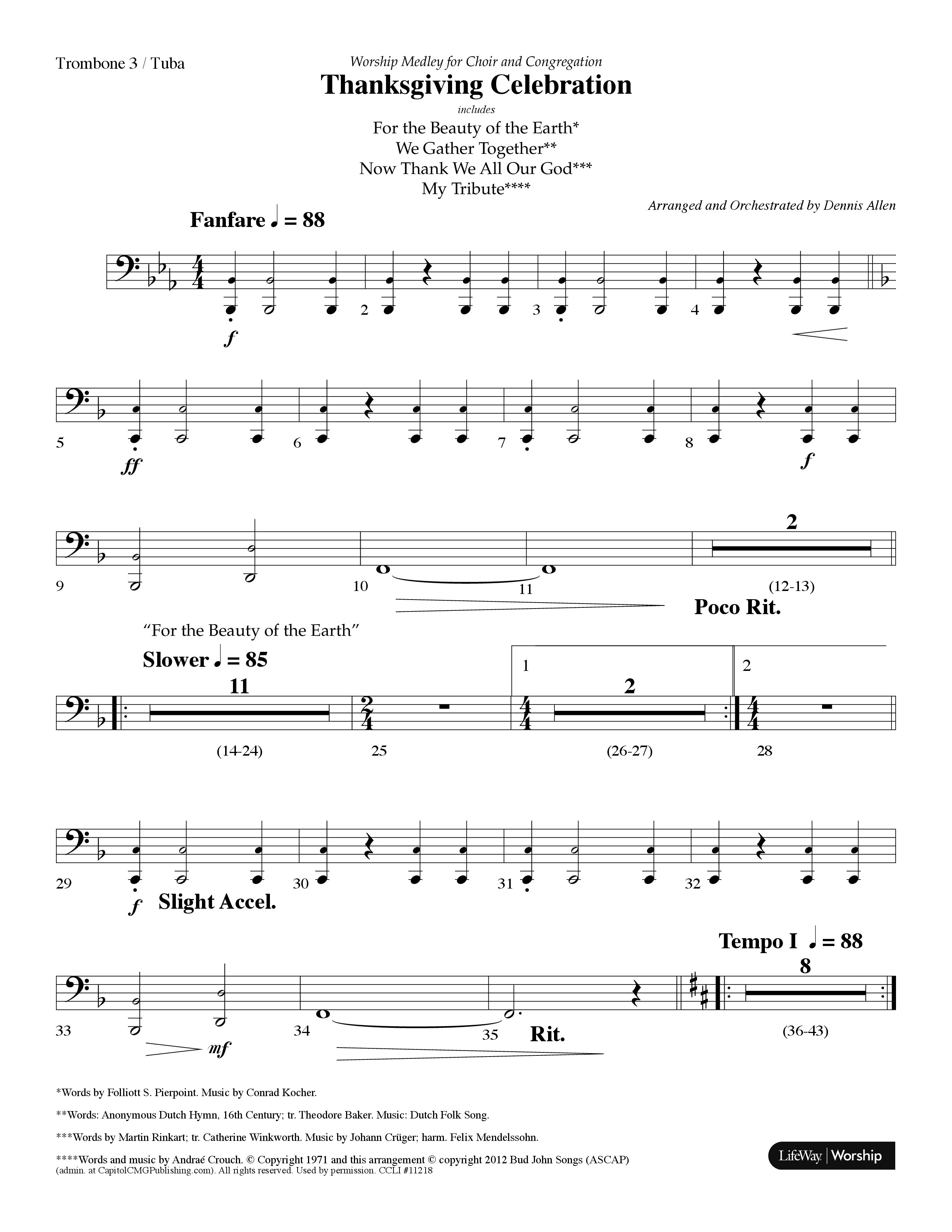 Thanksgiving Celebration (Choral Anthem SATB) Trombone 3/Tuba (Lifeway Choral / Arr. Dennis Allen)