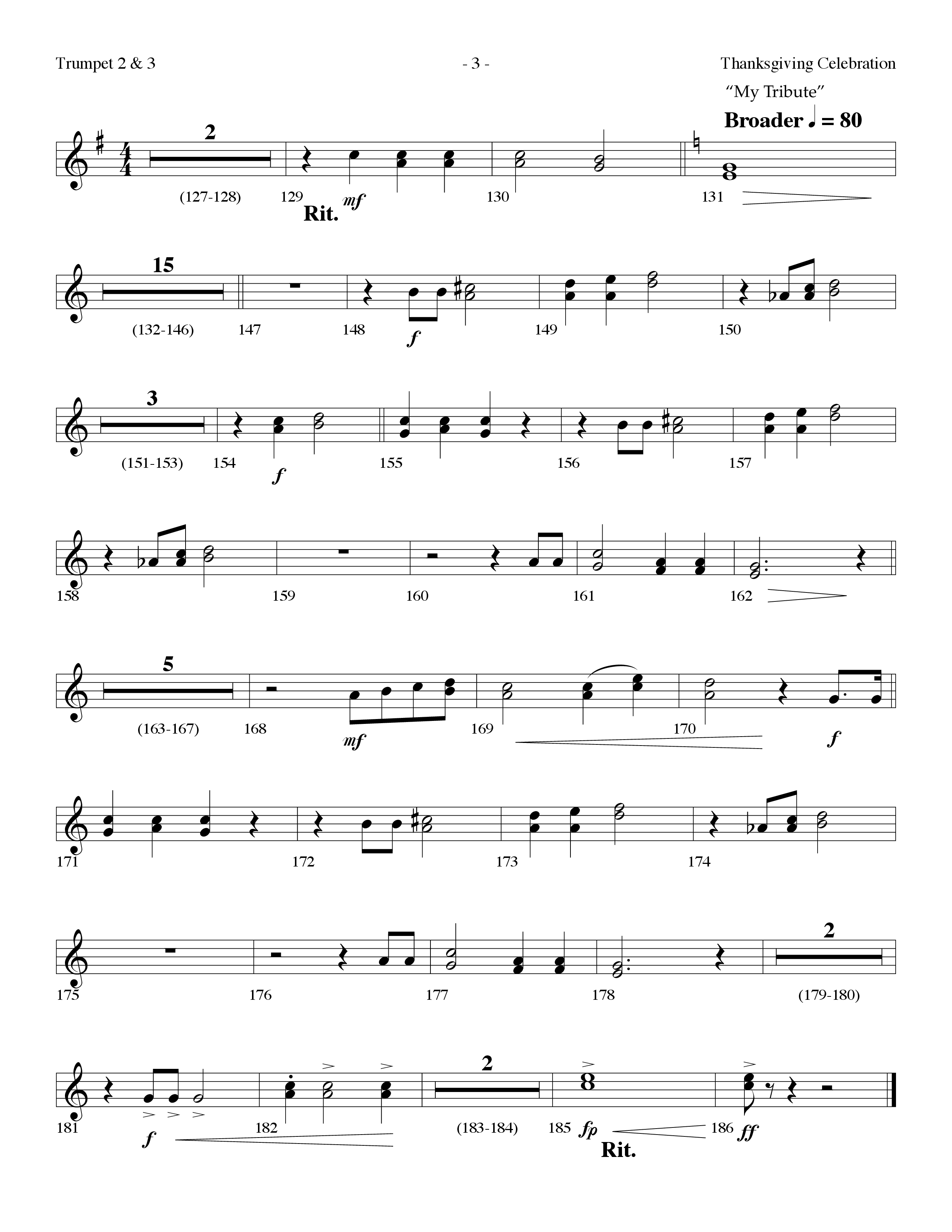 Thanksgiving Celebration (Choral Anthem SATB) Trumpet 2/3 (Lifeway Choral / Arr. Dennis Allen)