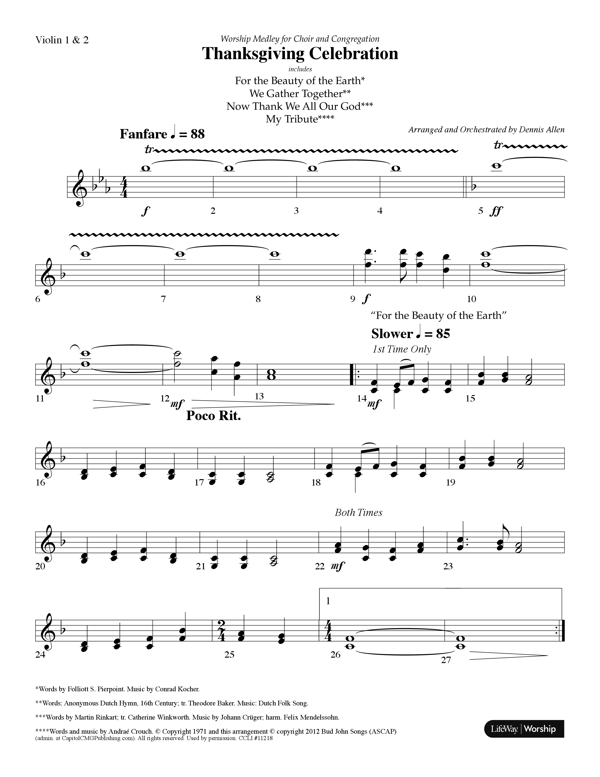 Thanksgiving Celebration (Choral Anthem SATB) Violin 1/2 (Lifeway Choral / Arr. Dennis Allen)