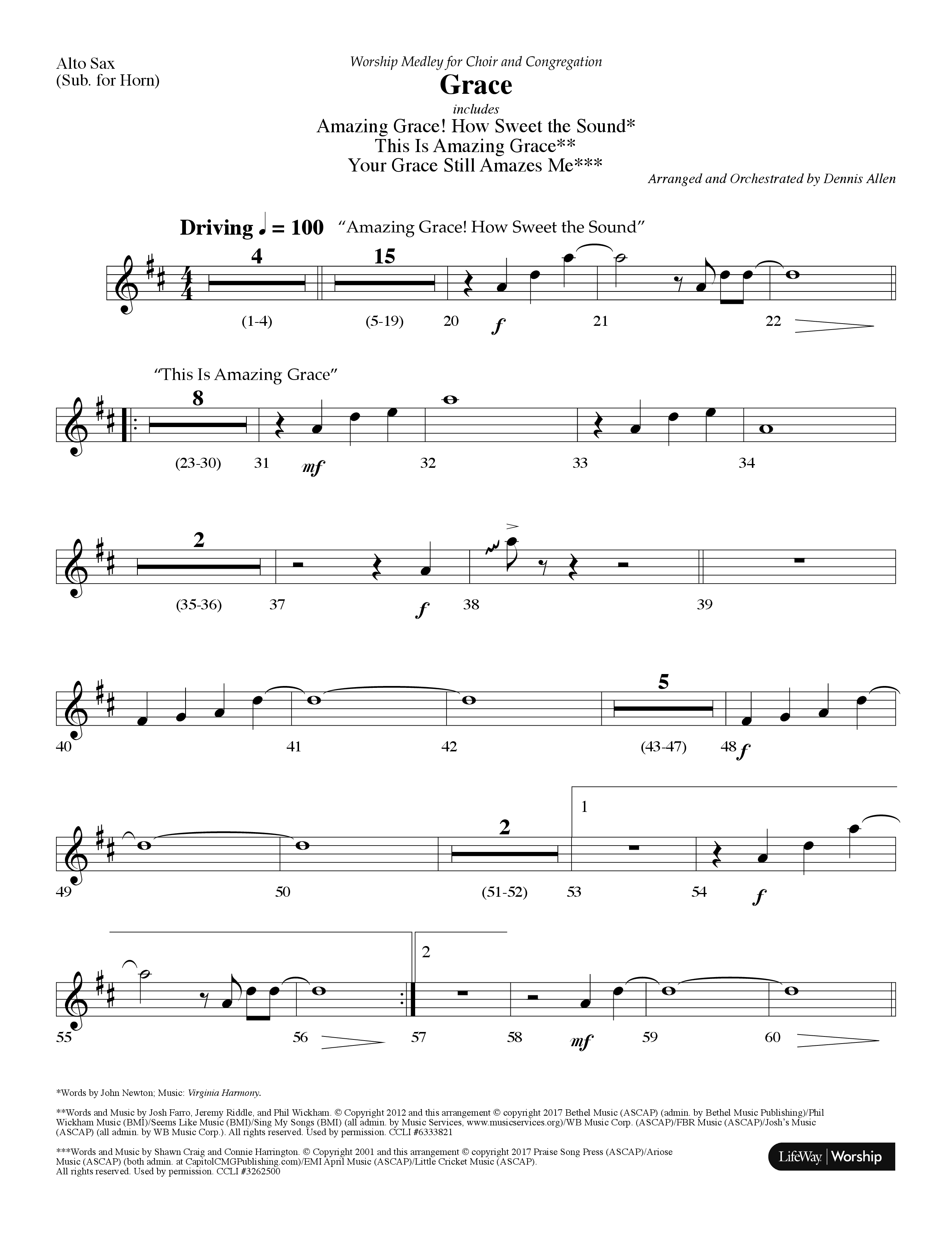 Grace Medley (Choral Anthem SATB) Alto Sax (Lifeway Choral / Arr. Dennis Allen)