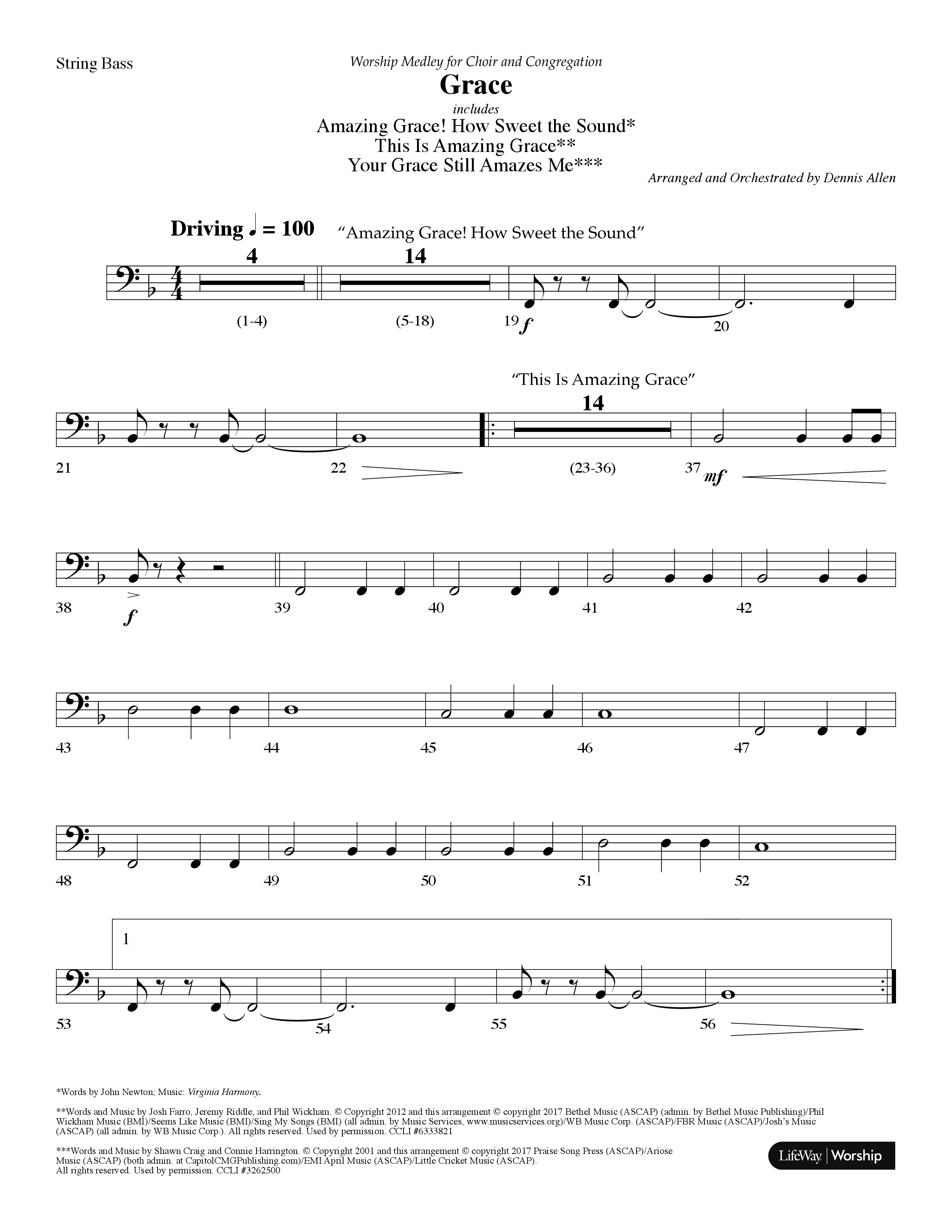 Grace Medley (Choral Anthem SATB) String Bass (Lifeway Choral / Arr. Dennis Allen)