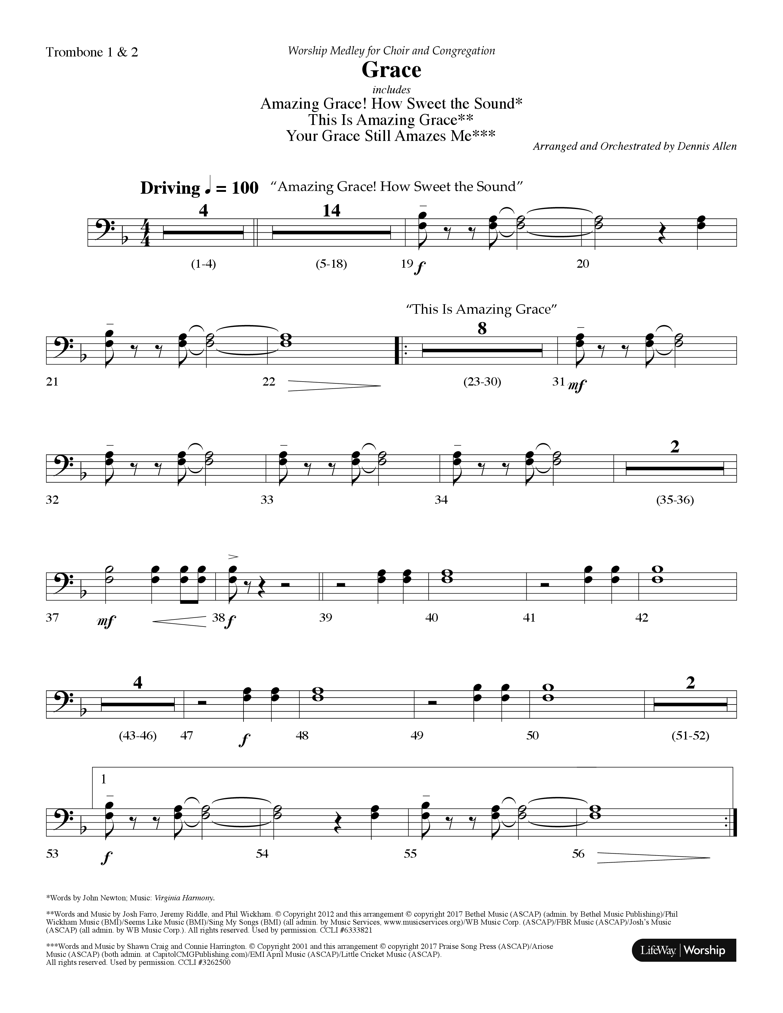 Grace Medley (Choral Anthem SATB) Trombone 1/2 (Lifeway Choral / Arr. Dennis Allen)