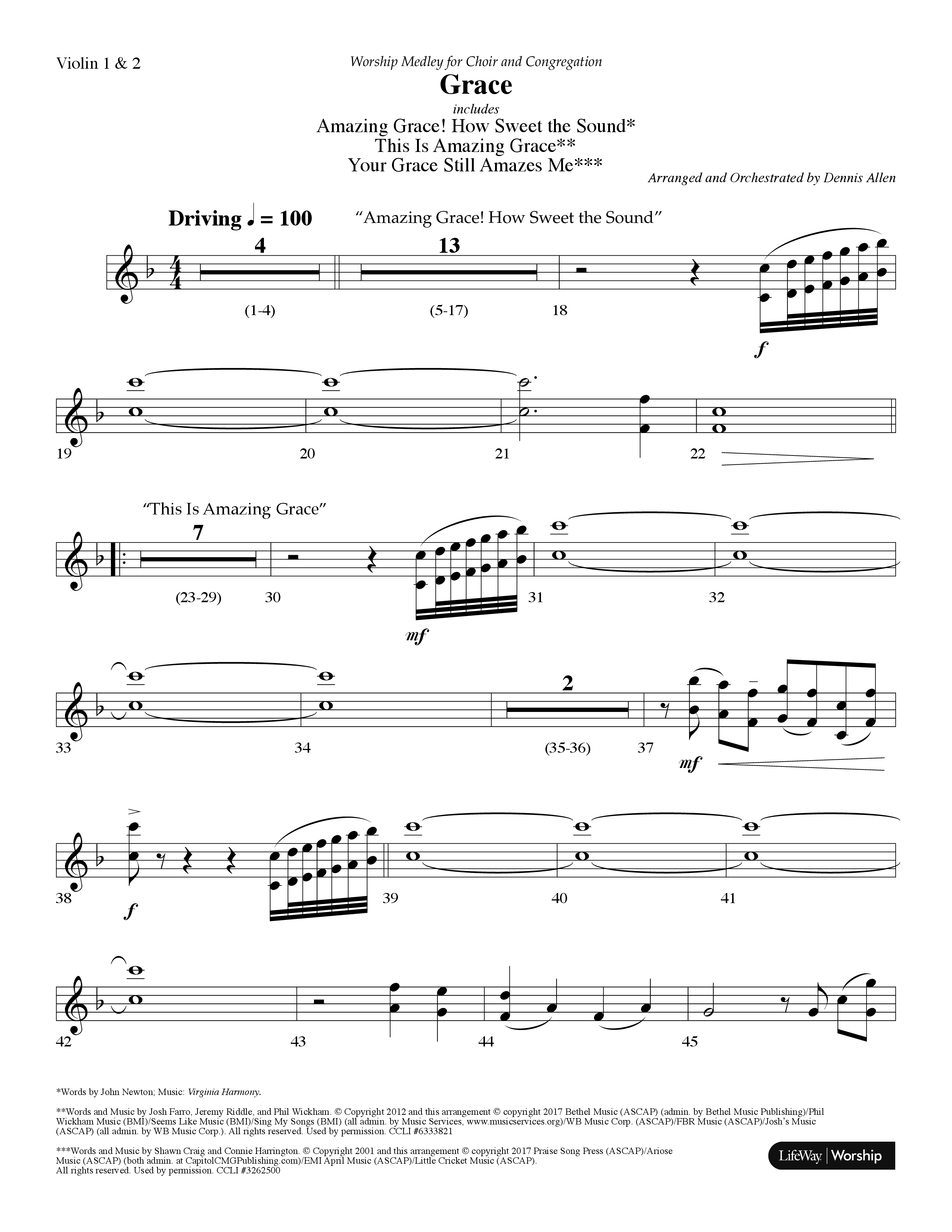 Grace Medley (Choral Anthem SATB) Violin 1/2 (Lifeway Choral / Arr. Dennis Allen)
