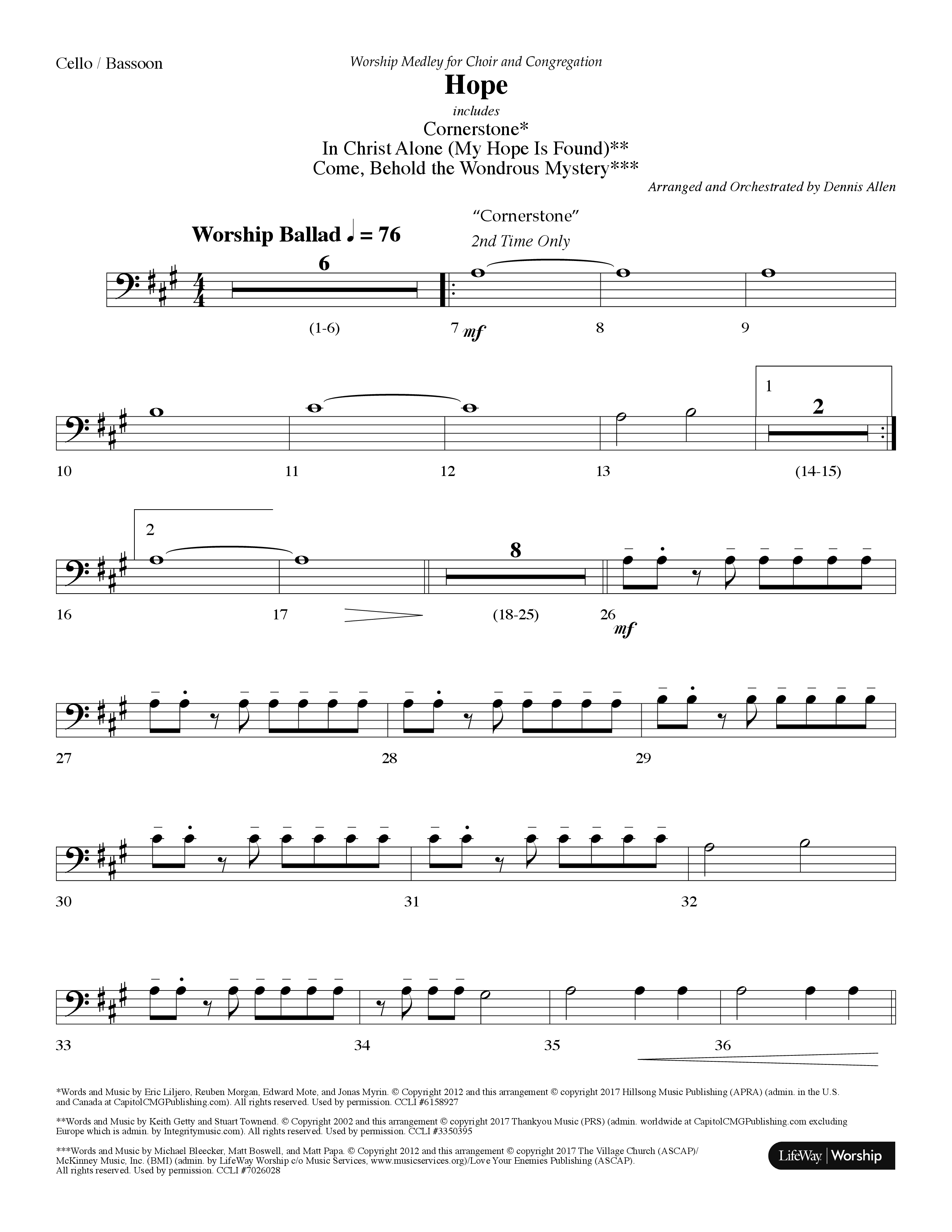 Hope Medley (with Cornerstone, In Christ Alone (My Hope Is Found), Come Behold The Wondrous Mystery) (Choral Anthem SATB) Cello (Lifeway Worship / Arr. Dennis Allen)
