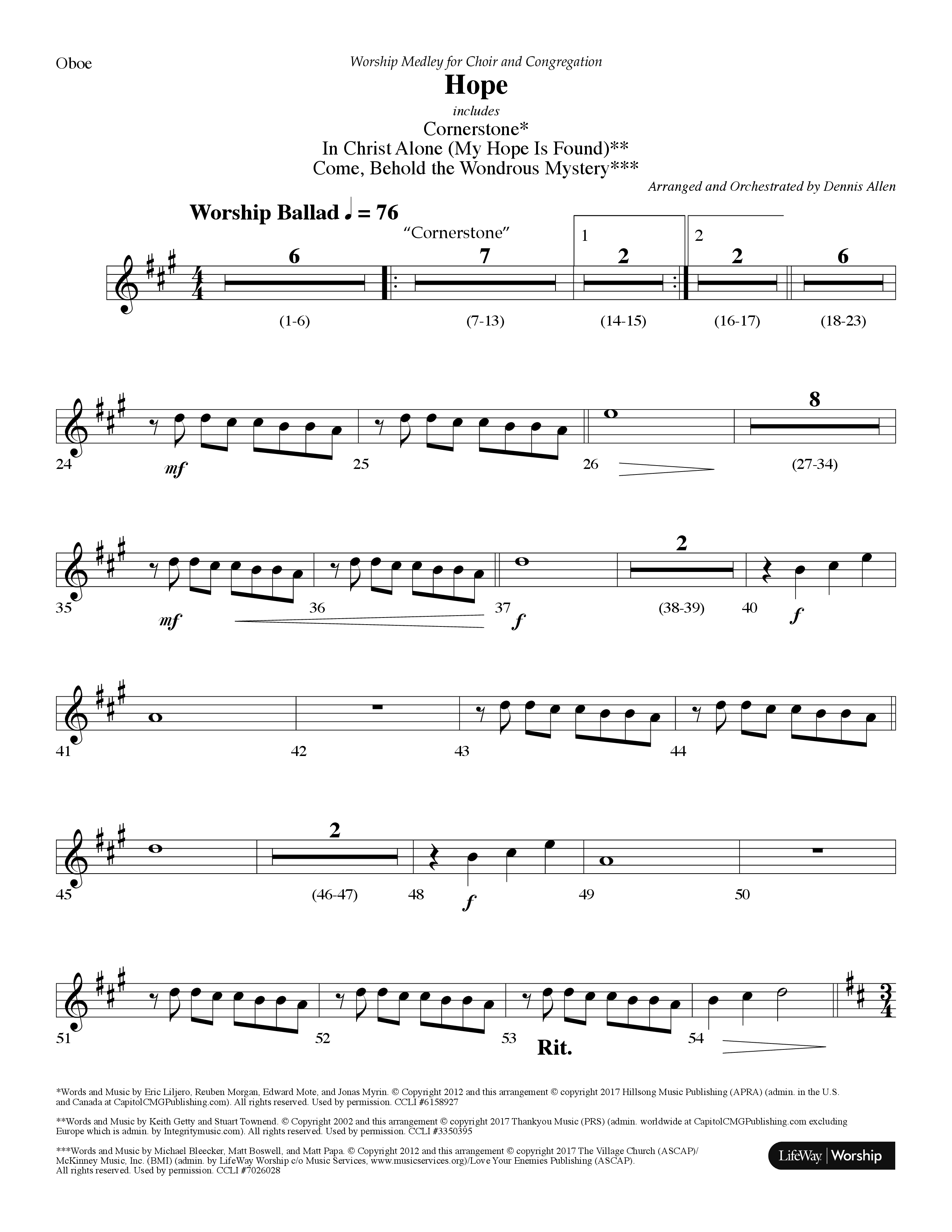 Hope Medley (with Cornerstone, In Christ Alone (My Hope Is Found), Come Behold The Wondrous Mystery) (Choral Anthem SATB) Oboe (Lifeway Worship / Arr. Dennis Allen)