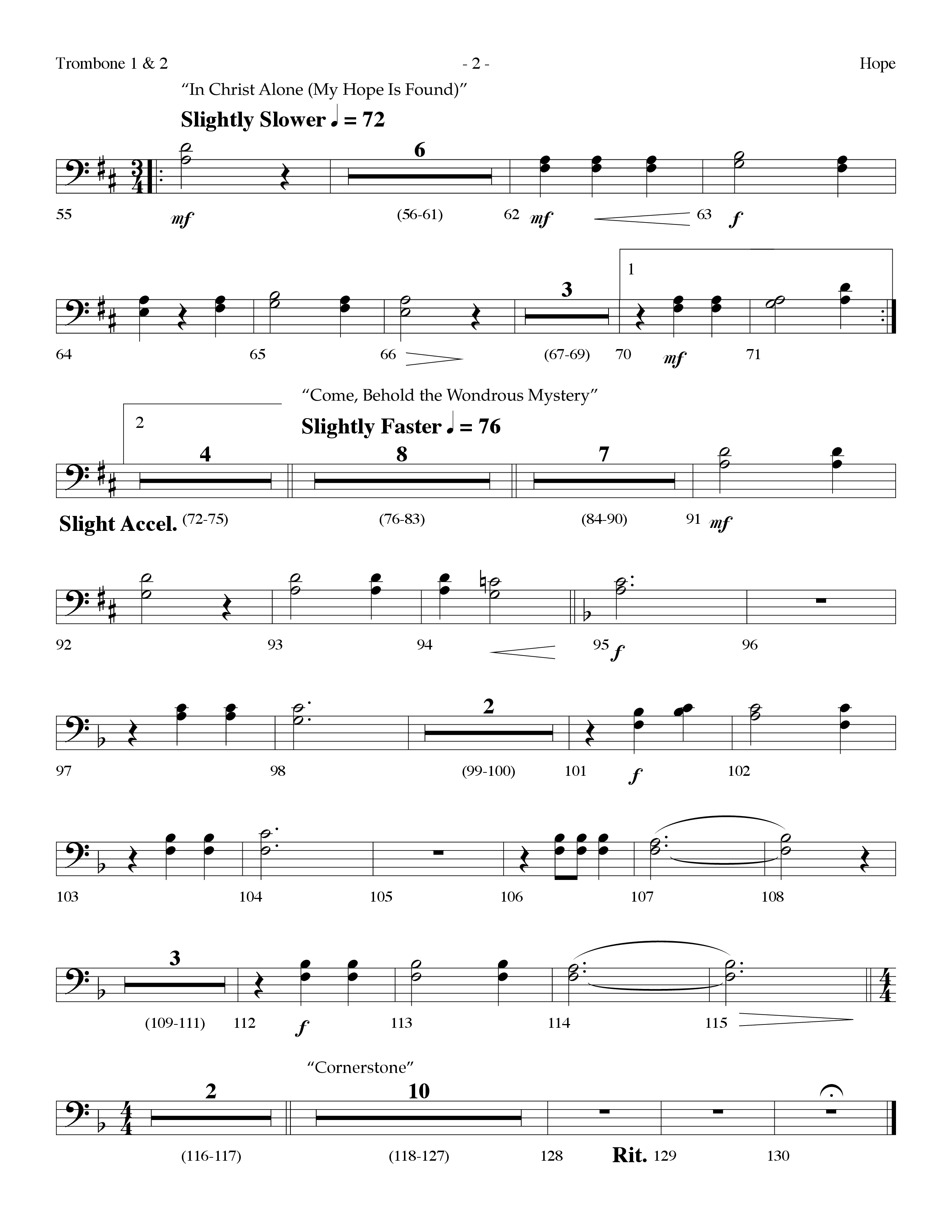 Hope Medley (with Cornerstone, In Christ Alone (My Hope Is Found), Come Behold The Wondrous Mystery) (Choral Anthem SATB) Trombone 1/2 (Lifeway Worship / Arr. Dennis Allen)