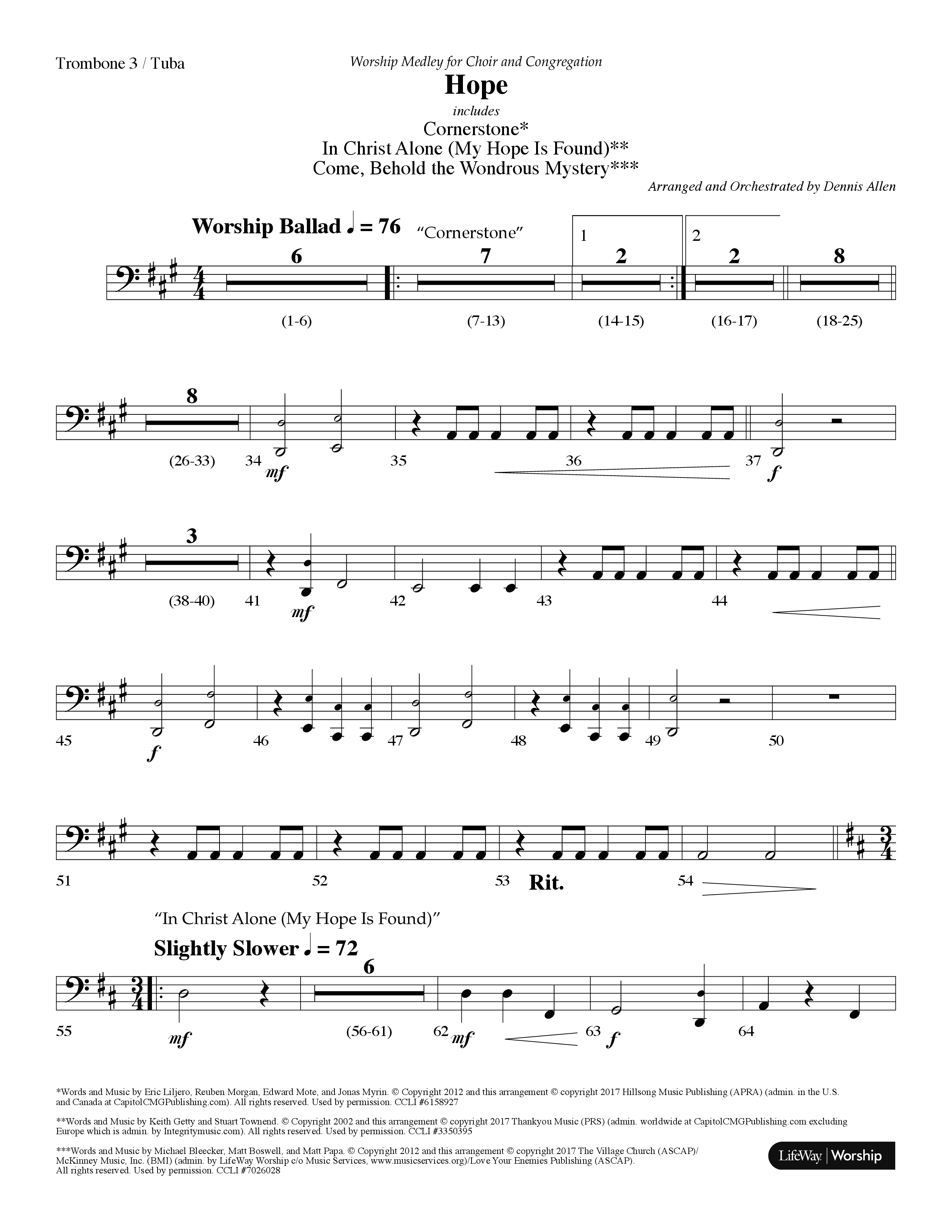 Hope Medley (with Cornerstone, In Christ Alone (My Hope Is Found), Come Behold The Wondrous Mystery) (Choral Anthem SATB) Trombone 3/Tuba (Lifeway Worship / Arr. Dennis Allen)