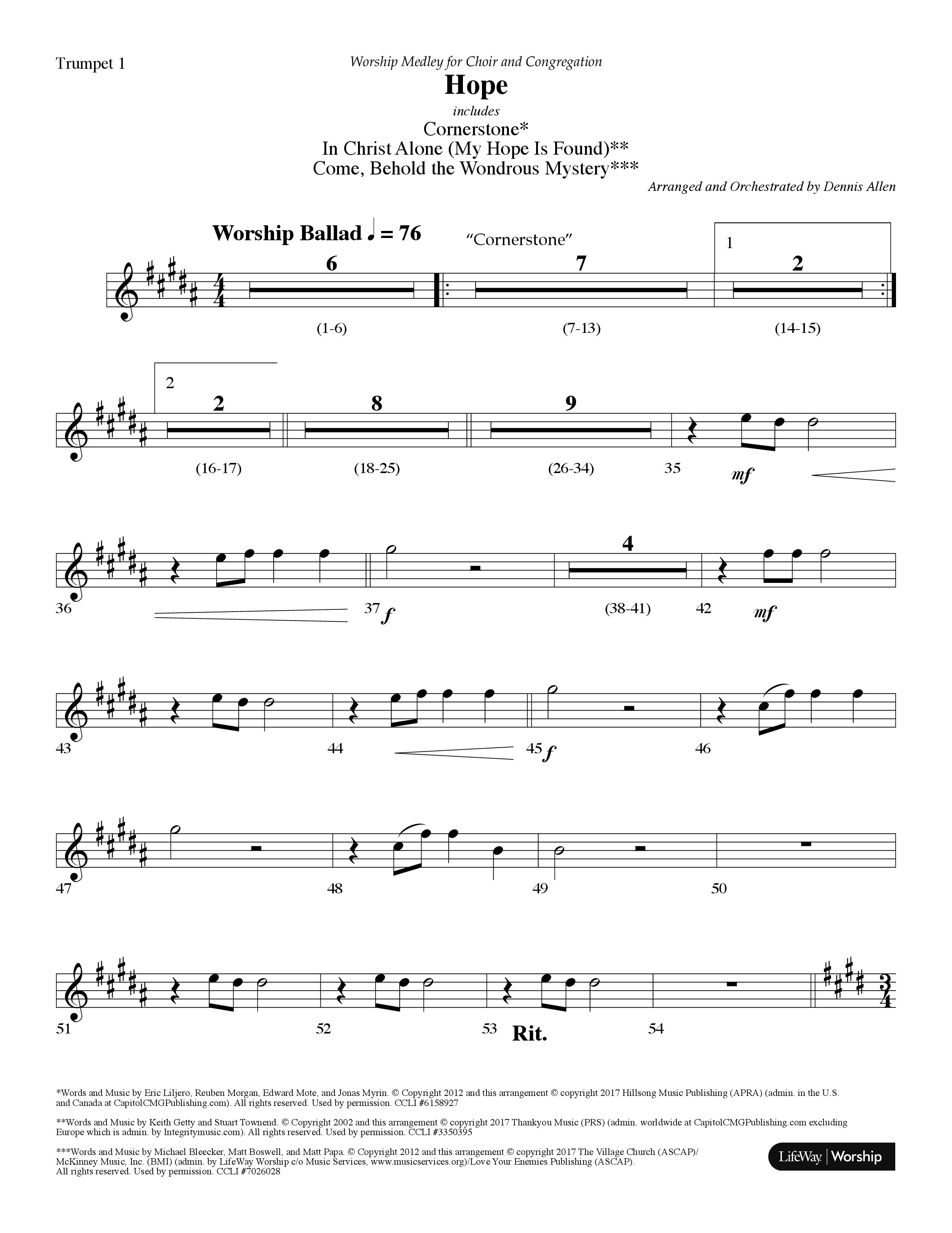 Hope Medley (with Cornerstone, In Christ Alone (My Hope Is Found), Come Behold The Wondrous Mystery) (Choral Anthem SATB) Trumpet 1 (Lifeway Worship / Arr. Dennis Allen)