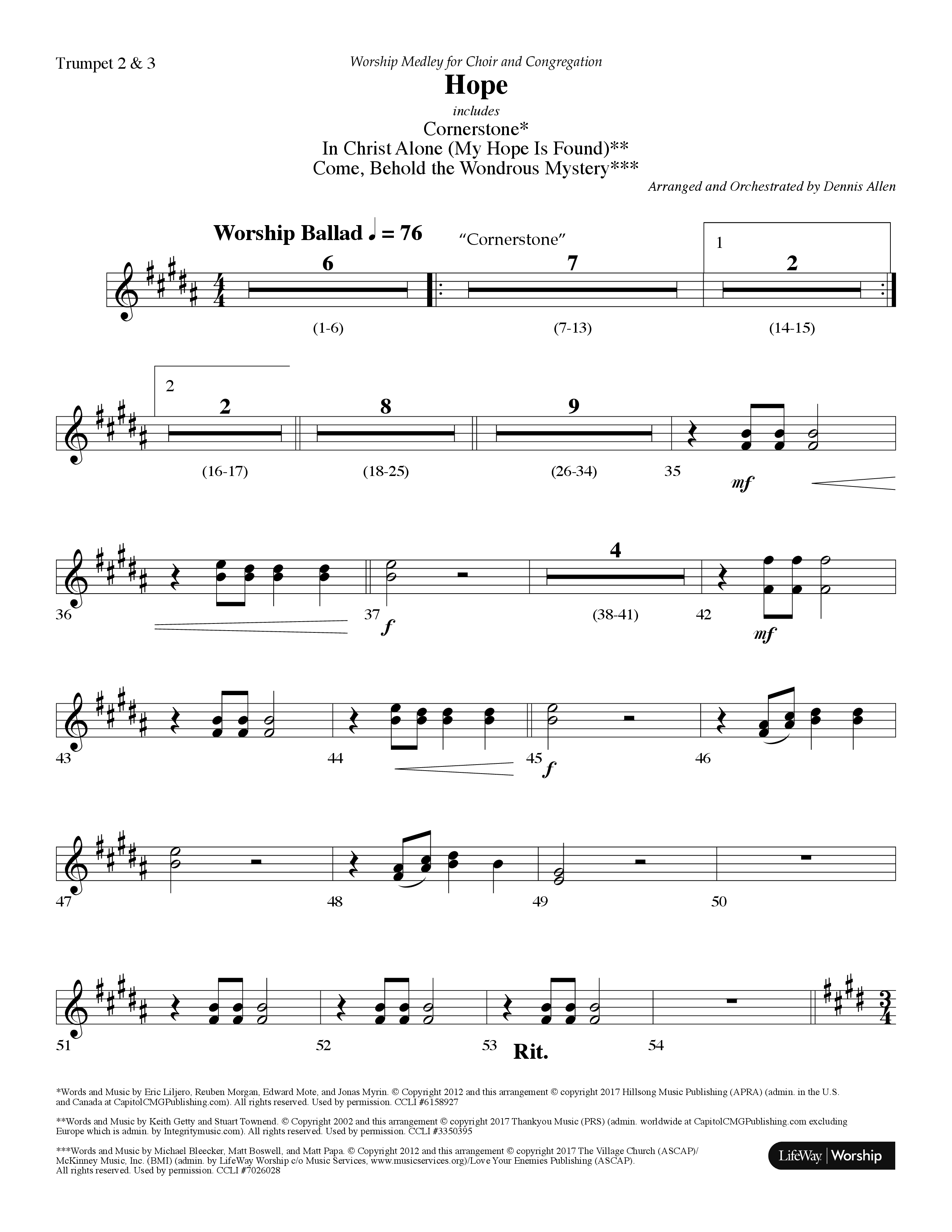 Hope Medley (with Cornerstone, In Christ Alone (My Hope Is Found), Come Behold The Wondrous Mystery) (Choral Anthem SATB) Trumpet 2/3 (Lifeway Worship / Arr. Dennis Allen)