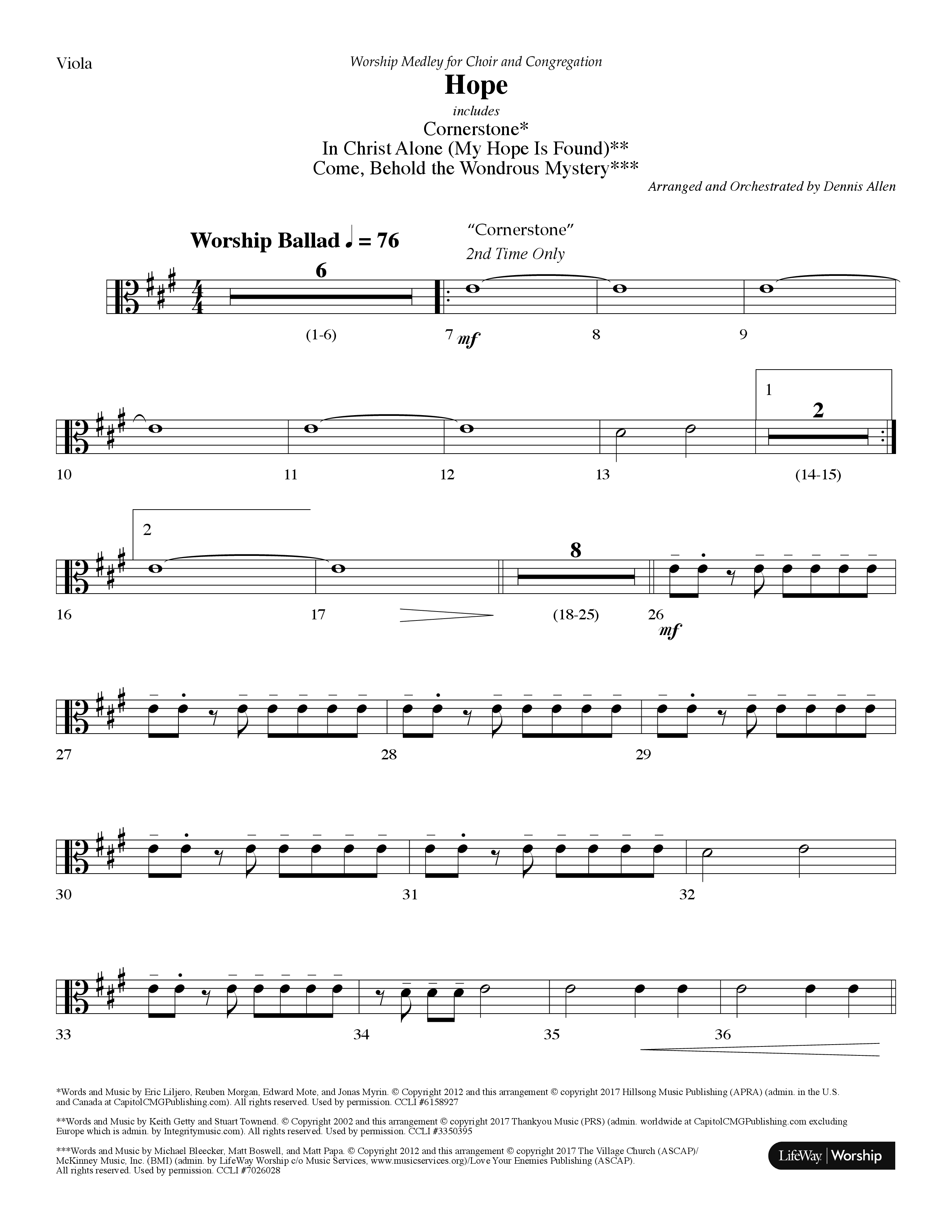 Hope Medley (with Cornerstone, In Christ Alone (My Hope Is Found), Come Behold The Wondrous Mystery) (Choral Anthem SATB) Viola (Lifeway Worship / Arr. Dennis Allen)