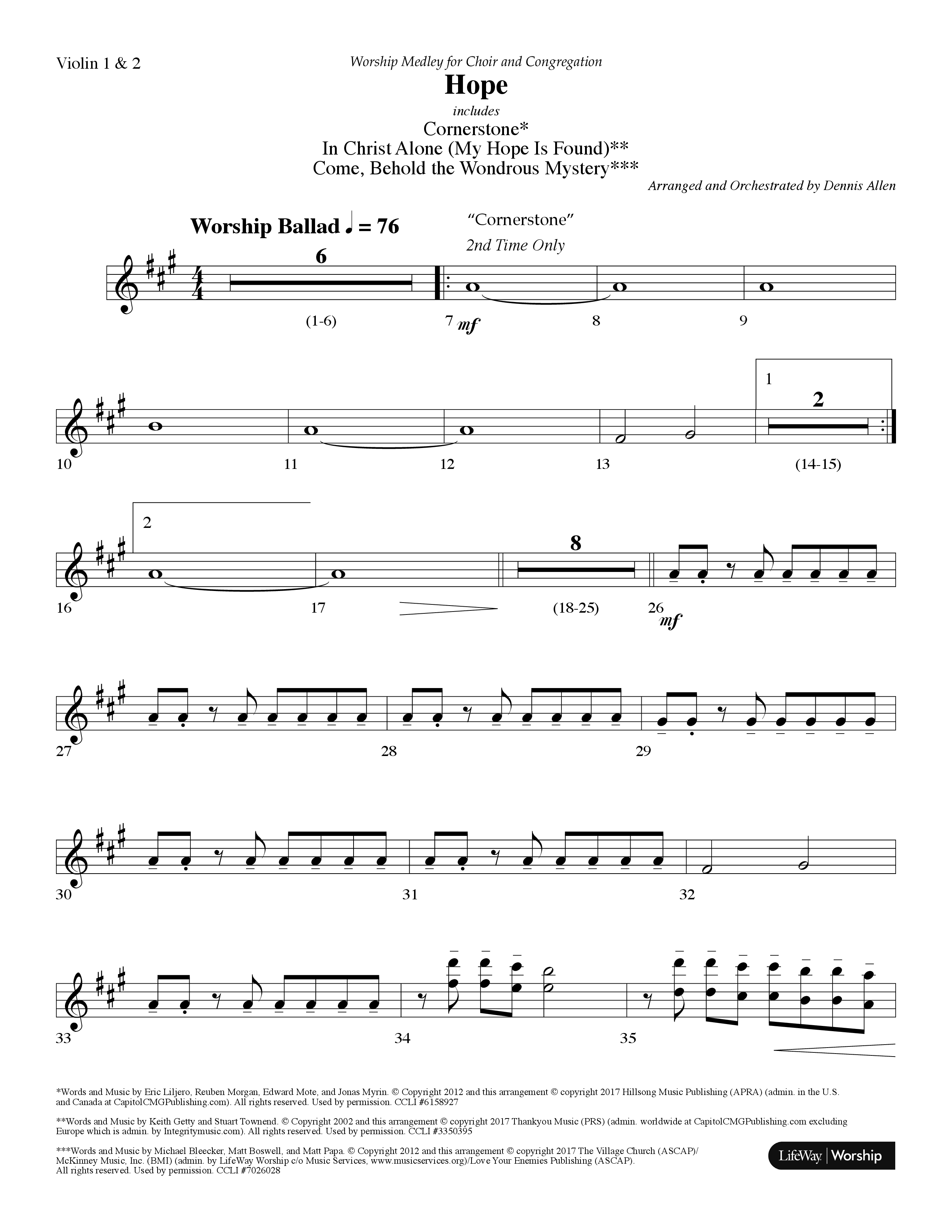 Hope Medley (with Cornerstone, In Christ Alone (My Hope Is Found), Come Behold The Wondrous Mystery) (Choral Anthem SATB) Violin 1/2 (Lifeway Worship / Arr. Dennis Allen)