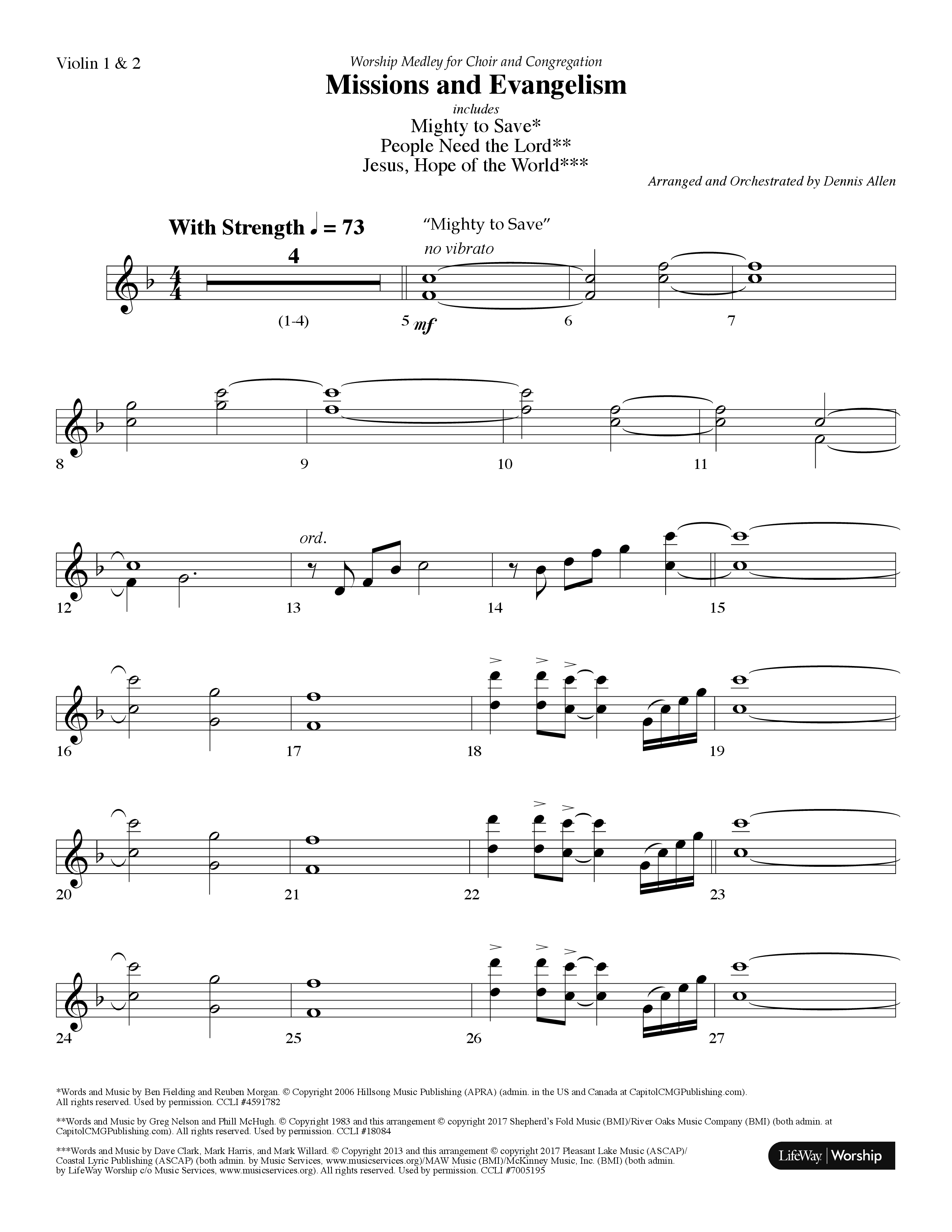 Missions And Evangelism Medley (Choral Anthem SATB) Violin 1/2 (Lifeway Choral / Arr. Dennis Allen)