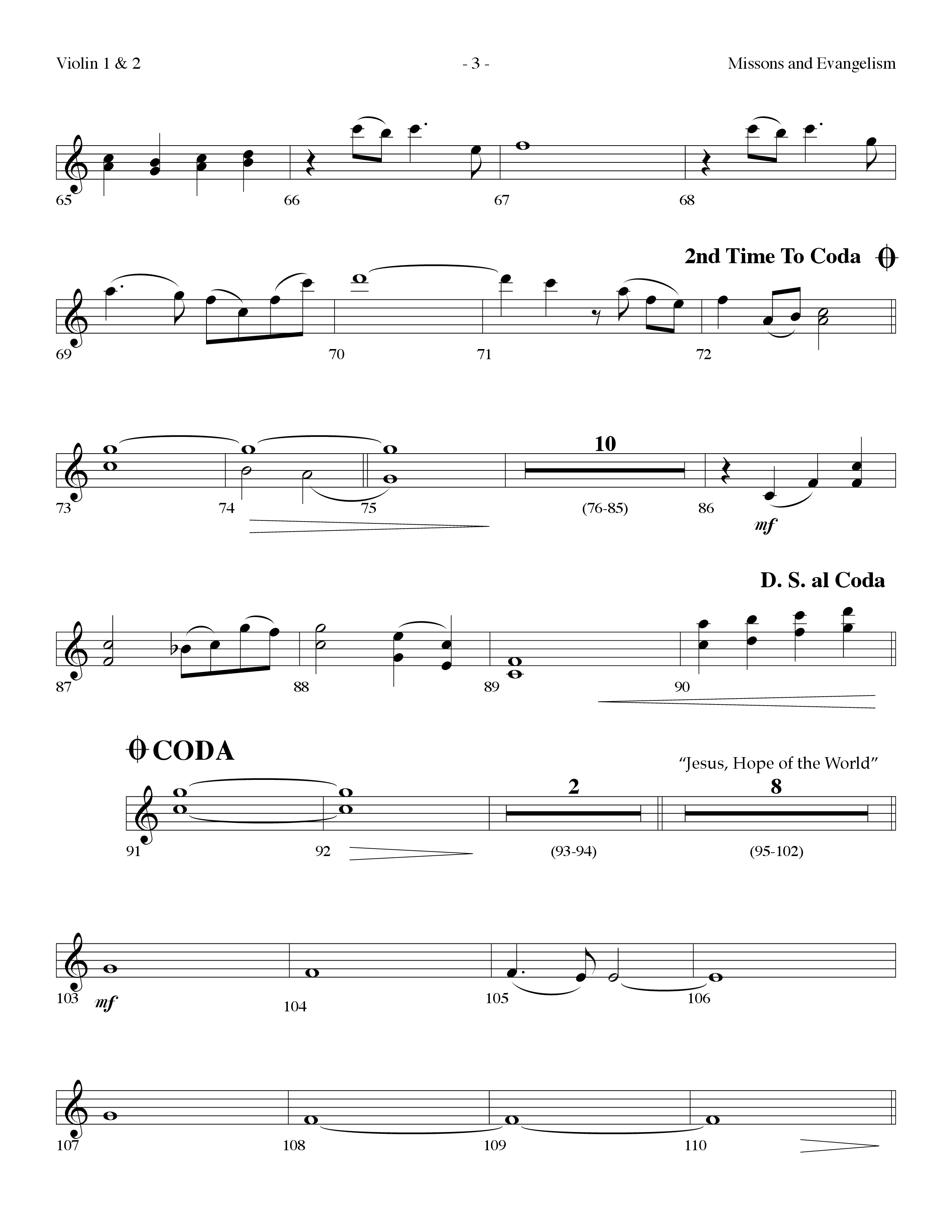 Missions And Evangelism Medley (Choral Anthem SATB) Violin 1/2 (Lifeway Choral / Arr. Dennis Allen)