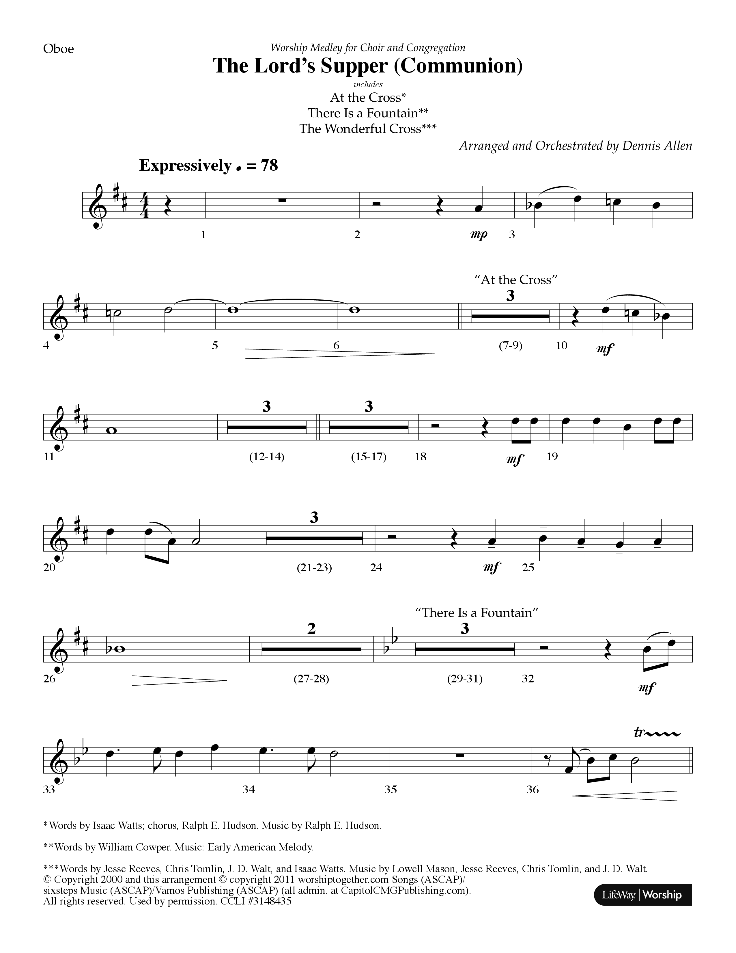 The Lord's Supper Medley (Choral Anthem SATB) Oboe (Lifeway Choral / Arr. Dennis Allen)
